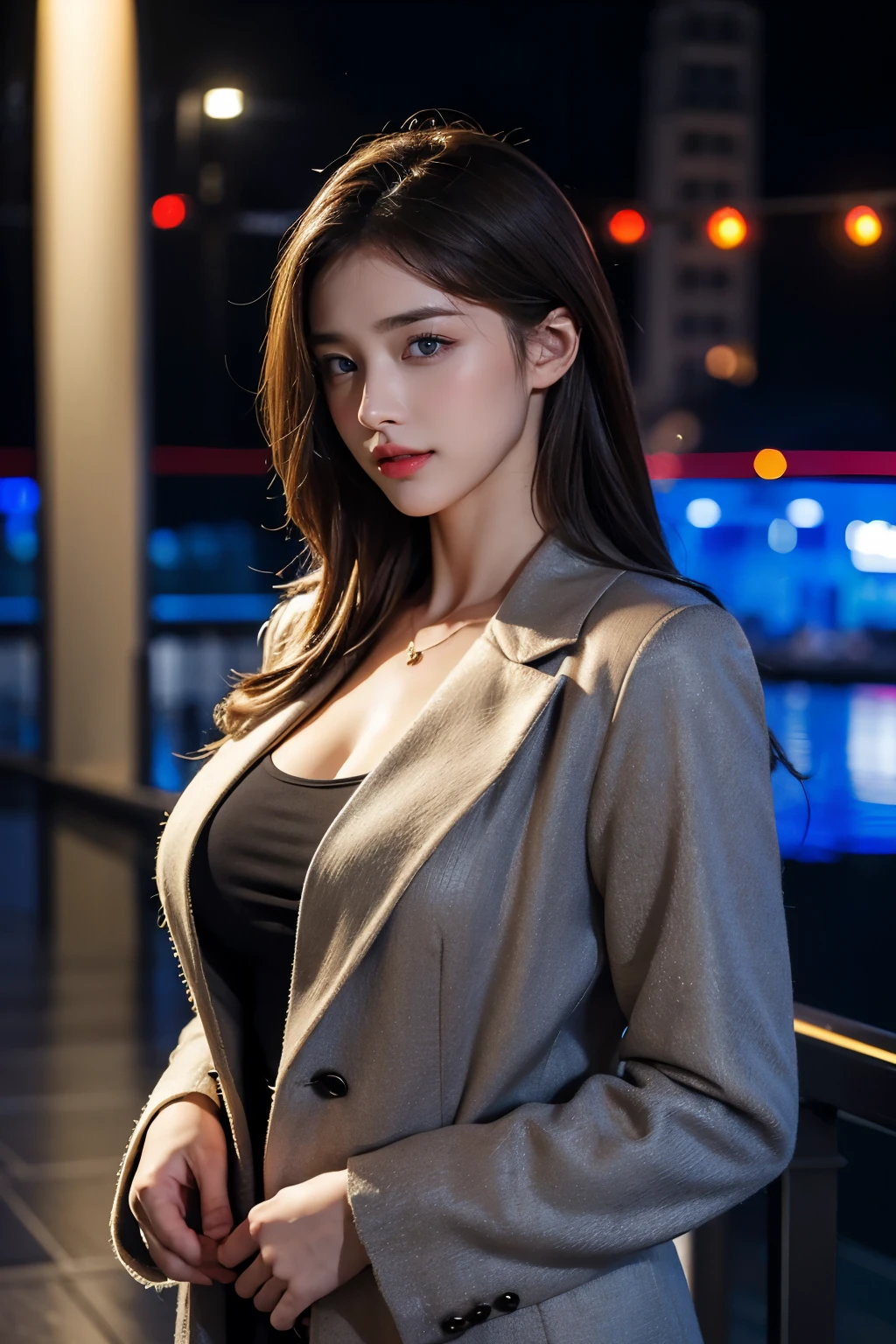 blue eyes、masterpiece,highest quality,High resolution,8K, highest quality, random angle, Original photo,real photos,digital photography,(modern styleで働く女性たち),(female president),25 year old female,(light brown hair),(big breasts),Luxurious ornaments,split your lips,put a smile on your lips,(frown),serious and arrogant,calm and handsome,(suit,coat),photo pose,modern style,night city background,oc rendering reflection texture