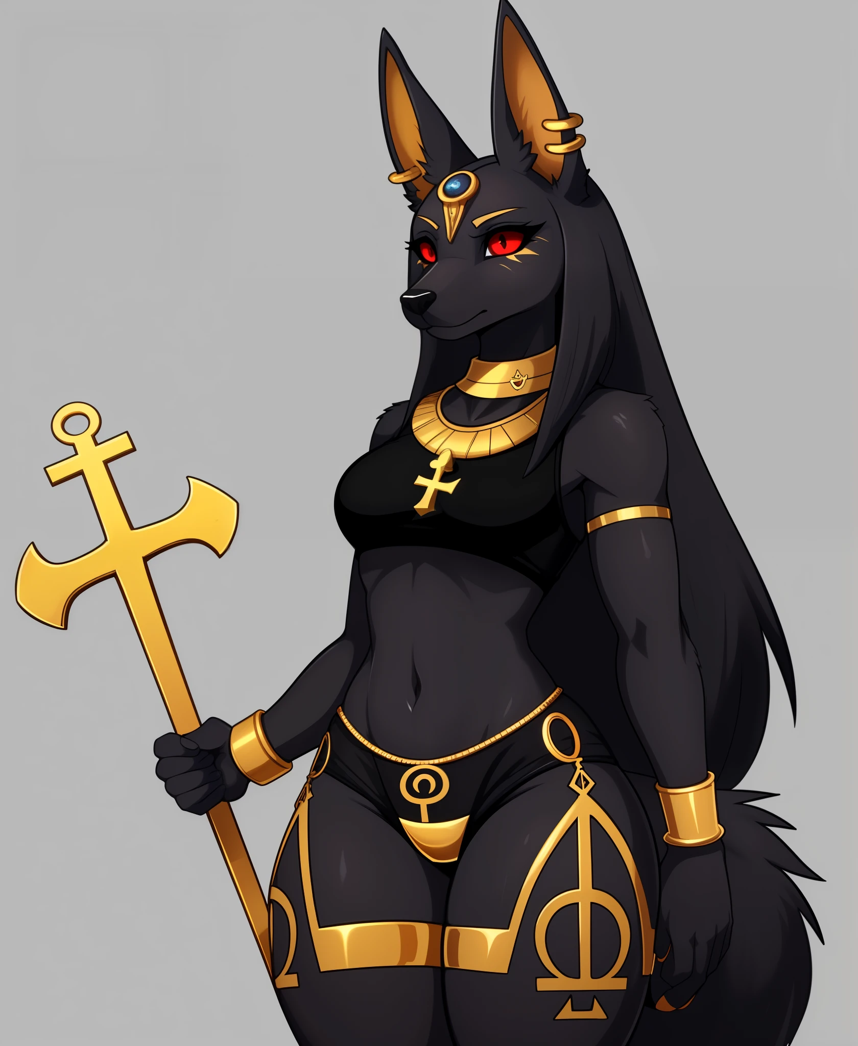 solo, 1girl, best quality, anubis, red eyes, furry, animal ears, furry female, dark body fur, thighlet, navel, jewelry, thick thighs, ankh,  tail, ankh, long_snout