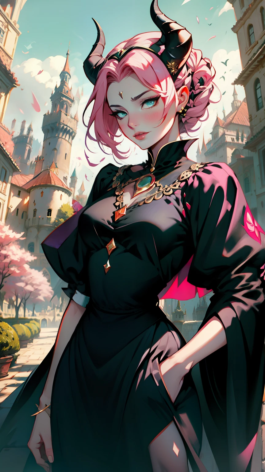 1 mulher, dressed up as maleficent, strong emotions, sakura, cabelo curto, luz, foco, como malevola, corpo inteiro, horns on head, solo, magia ao seu redor, she is in front of a castle, Black pants and blouse,  from head to toe ((corpo inteiro!!!)