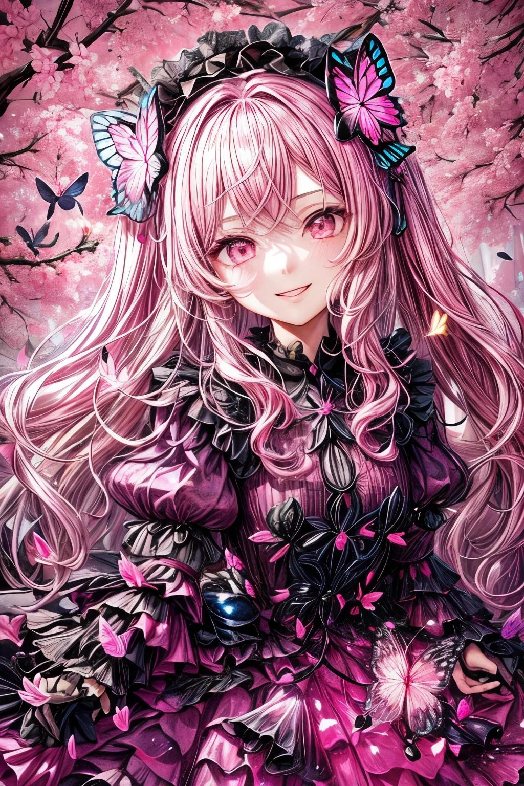 masterpiece, highest quality,(figure:1.0), 1 girl, (Gothic ta:1.2), (Black big wings:1.3), (((bioluminescence照明, pink light:1.5 ,pink lighting:1.5, shades of pink:1.5))), (Dark pupils:1.4), Glowing with black eyes, The sparkle of black hair:1.5, Cherry tree々Detailed background of , (pink glass, Pink leaves), (Cherry tree:1.5), (cherry blossom petals:1.5. bioluminescence環境:1.5), Fluorescence environment, (((bioluminescence:1.5))), (((shining particles in the air:1.5, particles of light:1.5,))), ((Pink butterfly:1.5)), whole body, long hair, silver hair, Ahoge, pink eyes, adorable eyes, (best smile:1.2),