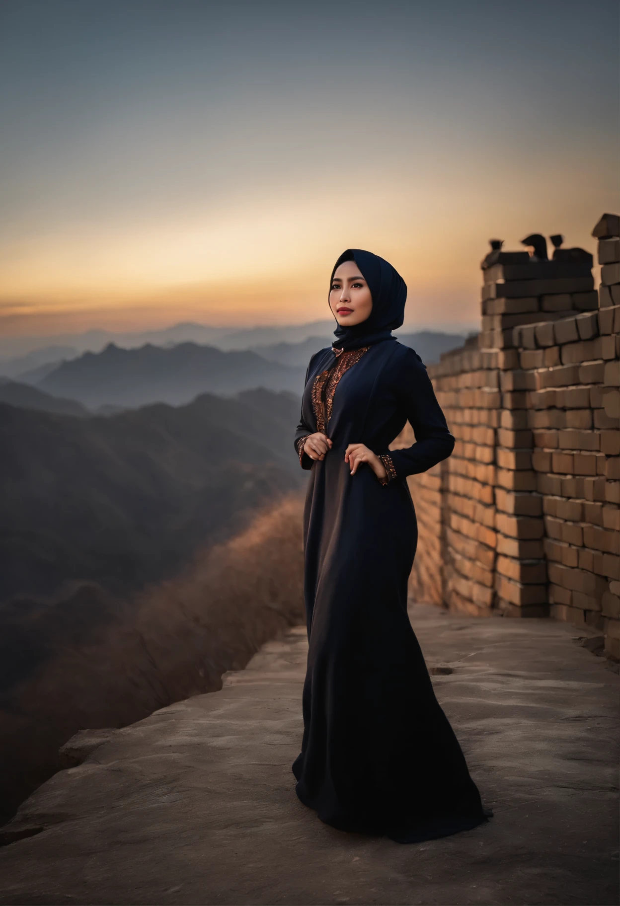 an Indonesian Javanese woman (25 years old, oval and clean face, hijab, thin body, Indonesian-style skin, wearing a thick winter jacket, jeans) standing posing like a model on the Great Wall of China, photo slightly tilted to the side, visible face, atmosphere night, minimal lighting, sunset light. ultra HD, real photo, very detailed, very sharp, 18mm lens, realistic, photography, leica camera