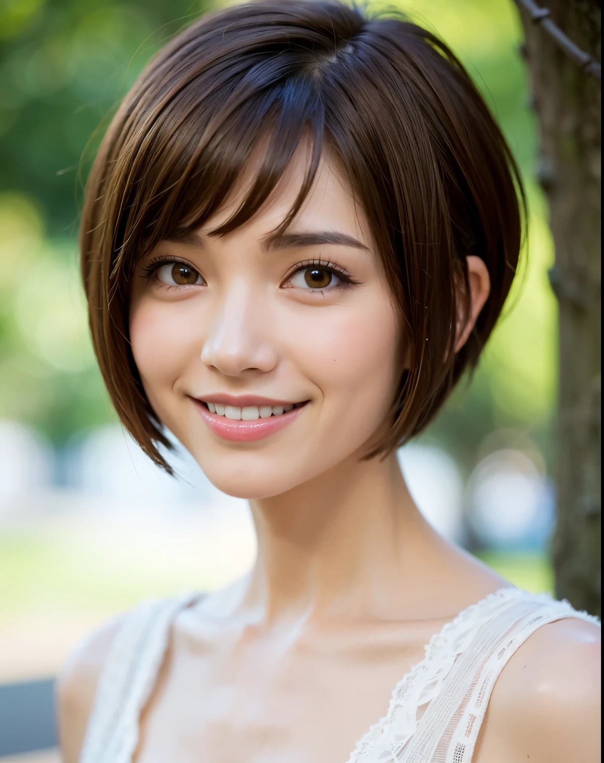 Pixie cut, very, very short hair, uneven tips, smile, brown hair