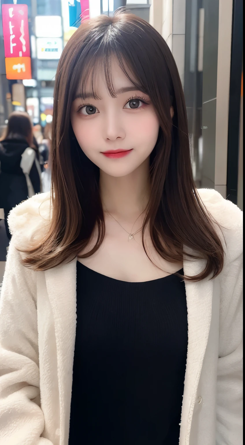 table top, highest quality, shape, Super detailed, finely, High resolution, 8k wallpaper, 完璧なダイナミックな構shape, beautiful and detailed eyes, Tokyo Trends Winter Dress Fashion,straight hair, small breasts, natural color lip, random sexy pose,cute smile,20 year old girl、beautiful and detailed face、perfect and beautiful face,Big eyes、Wear fluffy black outerwear with fur、beautiful detailed face、perfect and beautiful double eyelids、blur the background、perfect and beautiful face、Feminine poses、blur the background、slim face and style、blur background,real photos