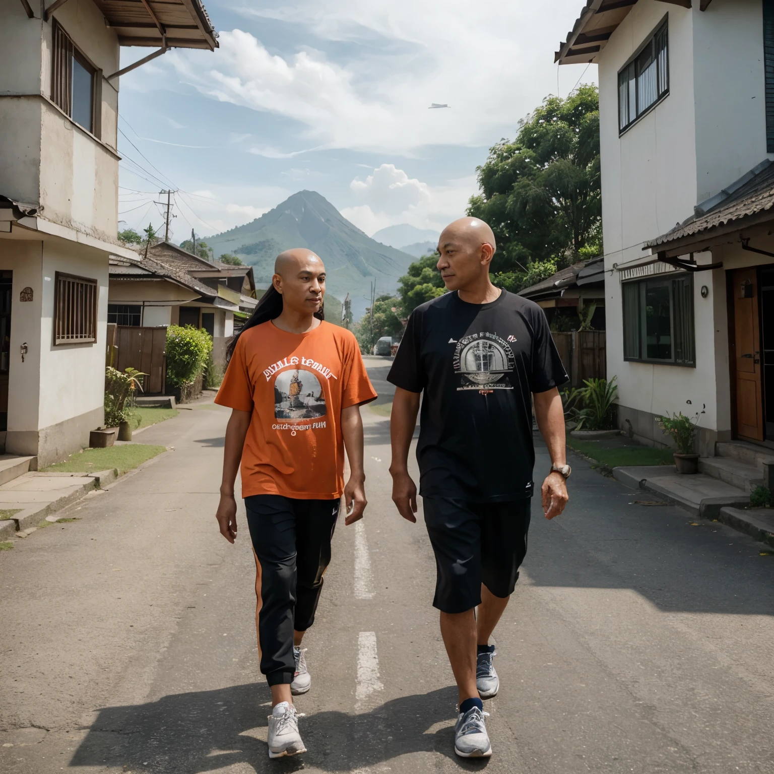 Realistic picture of a 70-year-old Indonesian man with a thin body and bald hair, taking a morning walk with a 25-year-old Indonesian woman with long UT hair, they are wearing jersey t-shirts and sports trousers and sports shoes, the atmosphere is on the main road in a residential area, very beautiful  , there is a mountain visible from afar