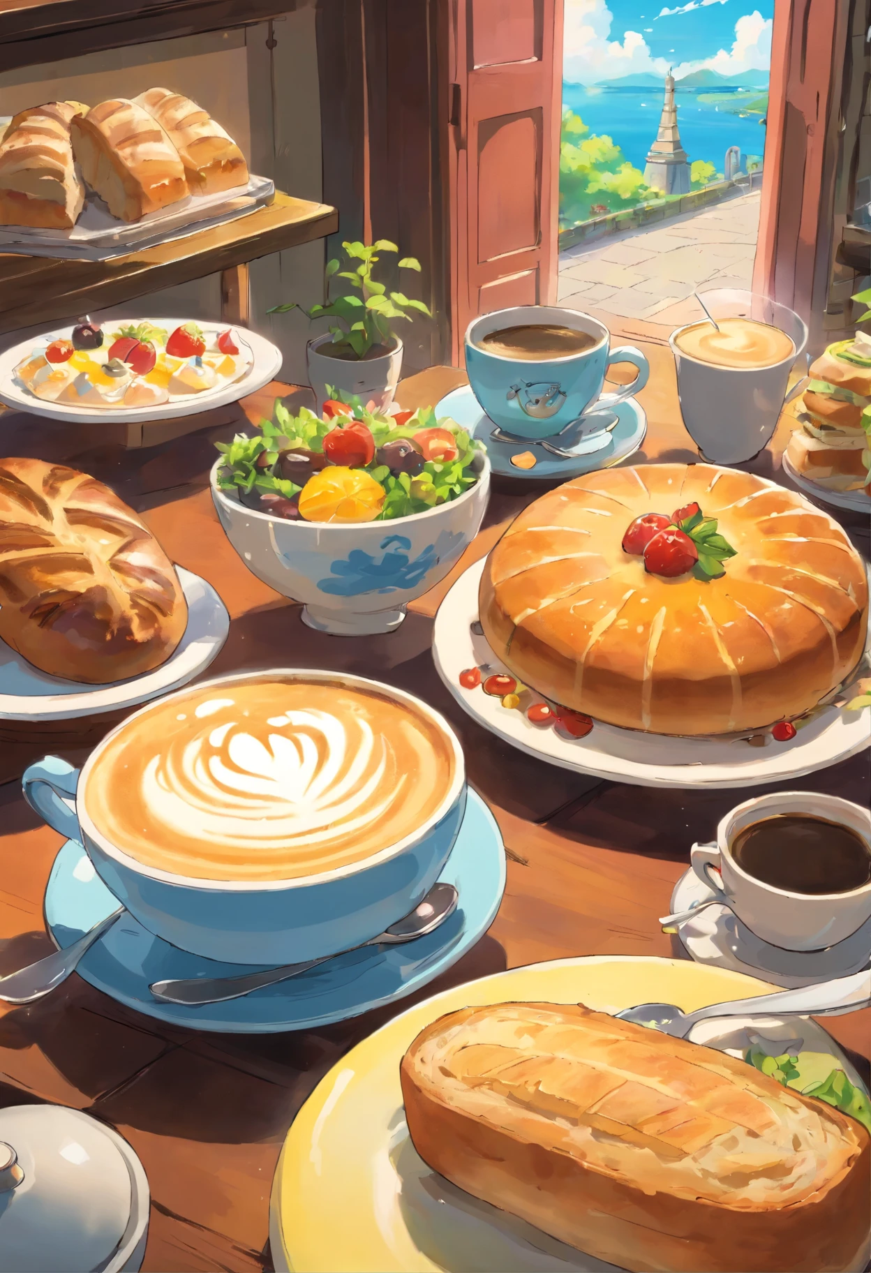 Cafe,coffee,latte,all Day Breakfast,bread,cake, dessert,tea,salad