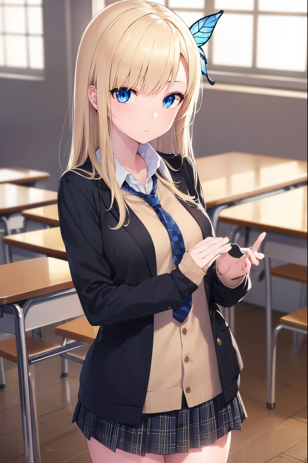 senakashiwazaki, sena kashiwazaki, blonde hair, butterfly hair ornament, hair ornament, long hair,
BREAK cardigan, checkered clothes, checkered skirt, jacket, long sleeves, necktie, school uniform, shirt, skirt, st. chronica academy school uniform
BREAK indoors, classroom,
BREAK looking at viewer, (cowboy shot:1.5),
BREAK (masterpiece:1.2), best quality, high resolution, unity 8k wallpaper, (illustration:0.8), (beautiful detailed eyes:1.6), extremely detailed face, perfect lighting, extremely detailed CG, (perfect hands, perfect anatomy),