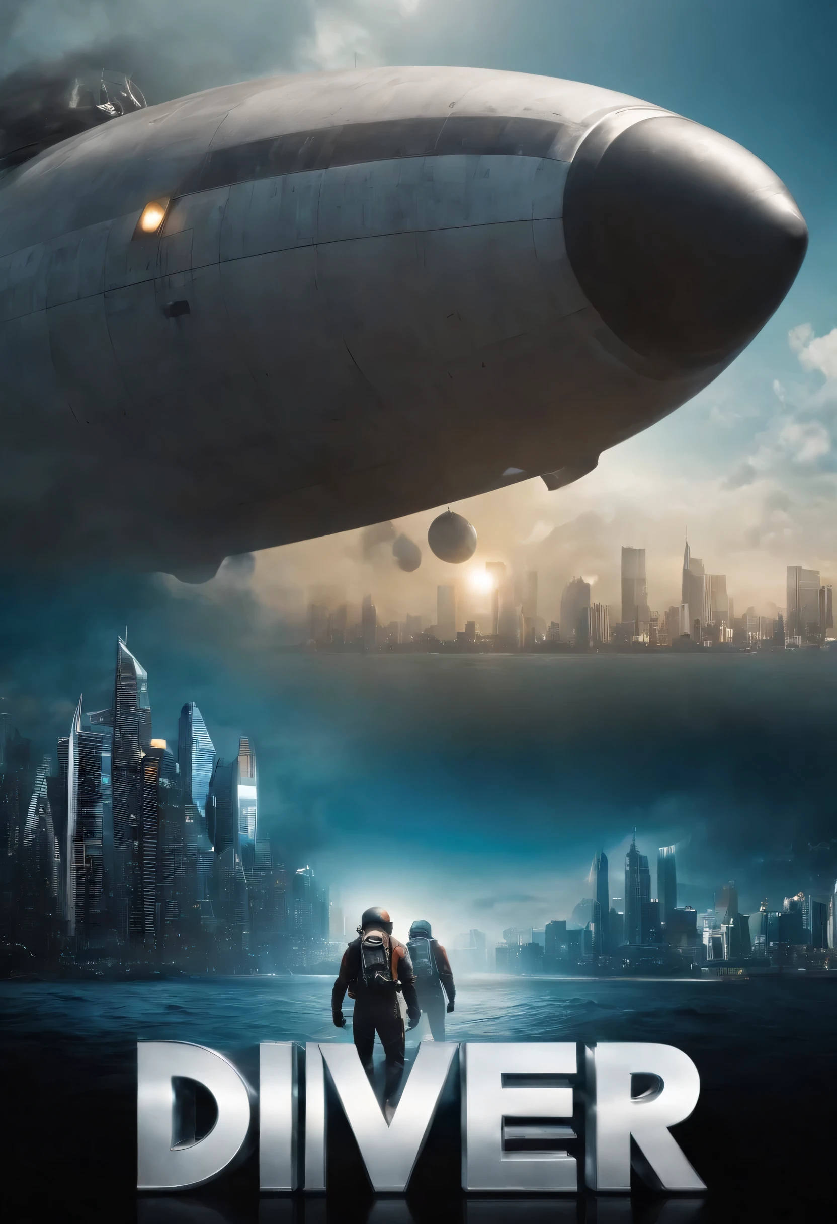 a poster for the movie diver and the city, promotional movie posterart, promotional movie poster, promotional poster, movie promotional art, poster, movie promotional image, bestselling movie poster, sci-fi movie, sci - fi movie, promotional poster art, with a city in the background, promotional movie still, official poster, live action movie, in a scifi movie