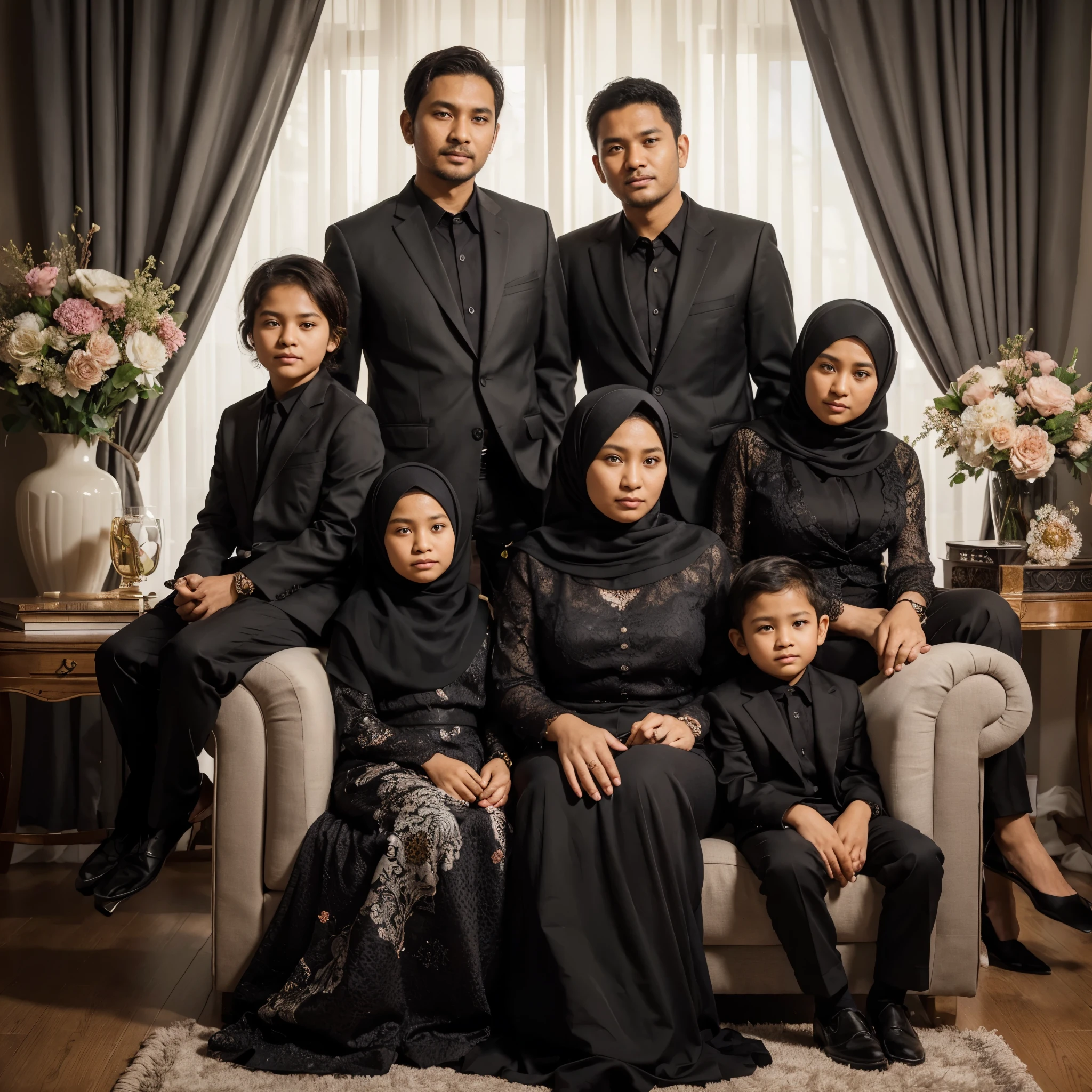 Indonesian family photo, five members. father and mother aged 35 years, one  girl, wearing the hijab, and two boys aged 6 years and 3s. They worehing BATIK and black and gold long dresses together, wearing the hijab, sitting pose on the living room sofa, luxury living room background, realistic photo, detail, ultra HD,white lighting, best photography, 8k