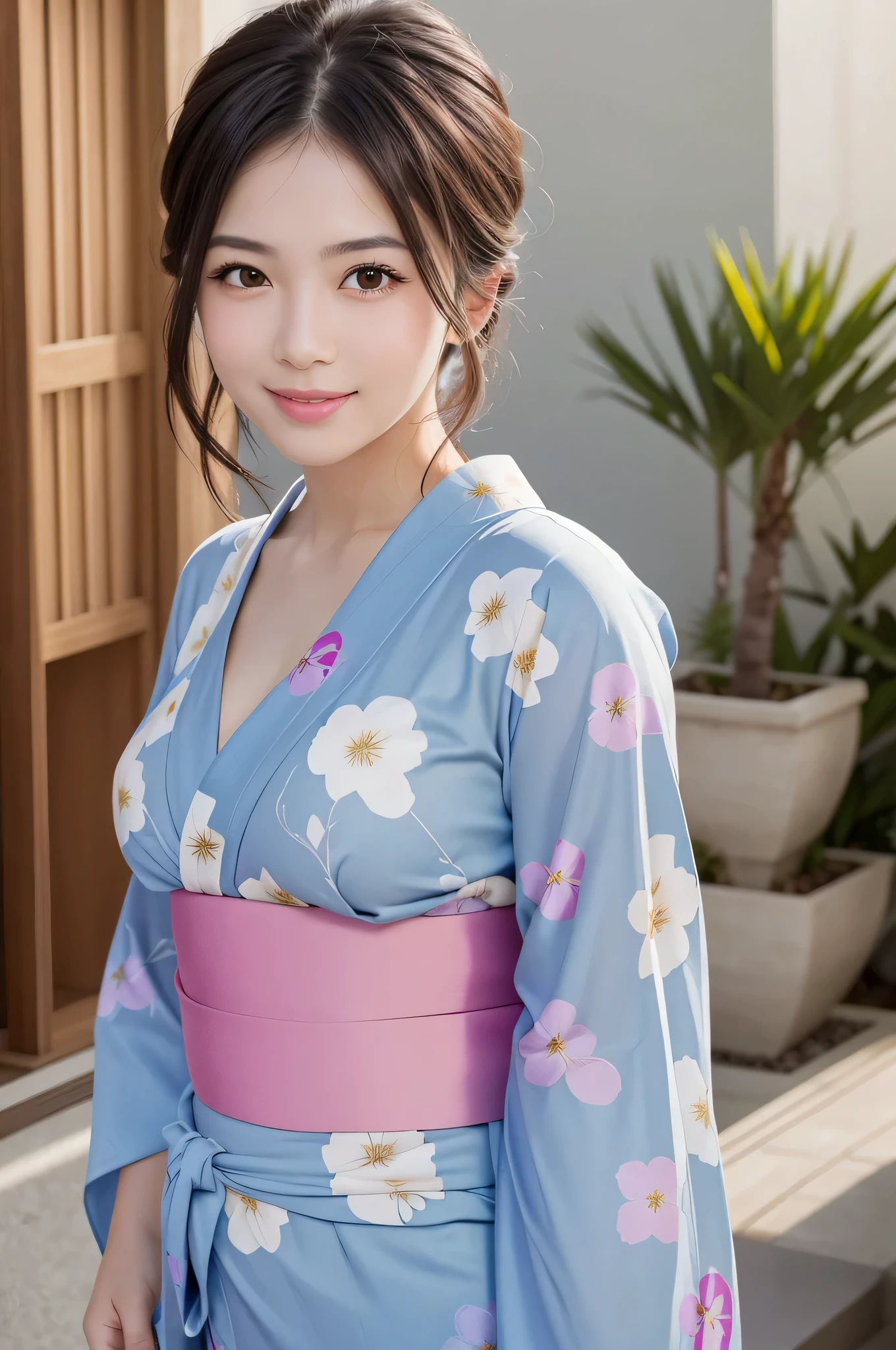 (1young girl), Extremely cute face, Amazing face and eyes, (Highly detailed eyes, Highly detailed face), fresh, Very clean appearance, (Hyper-realistic, hight resolution), (Best Quality:1.4), Raw photo, (Realistic, Photorealsitic:1.37), Professional Photography, (floral pattern yukata:1.5), (Open yukata), (cleavage:1.2), (Bare shoulders), Smile slightly, (Staring at me), Bedroom, girl portrait,