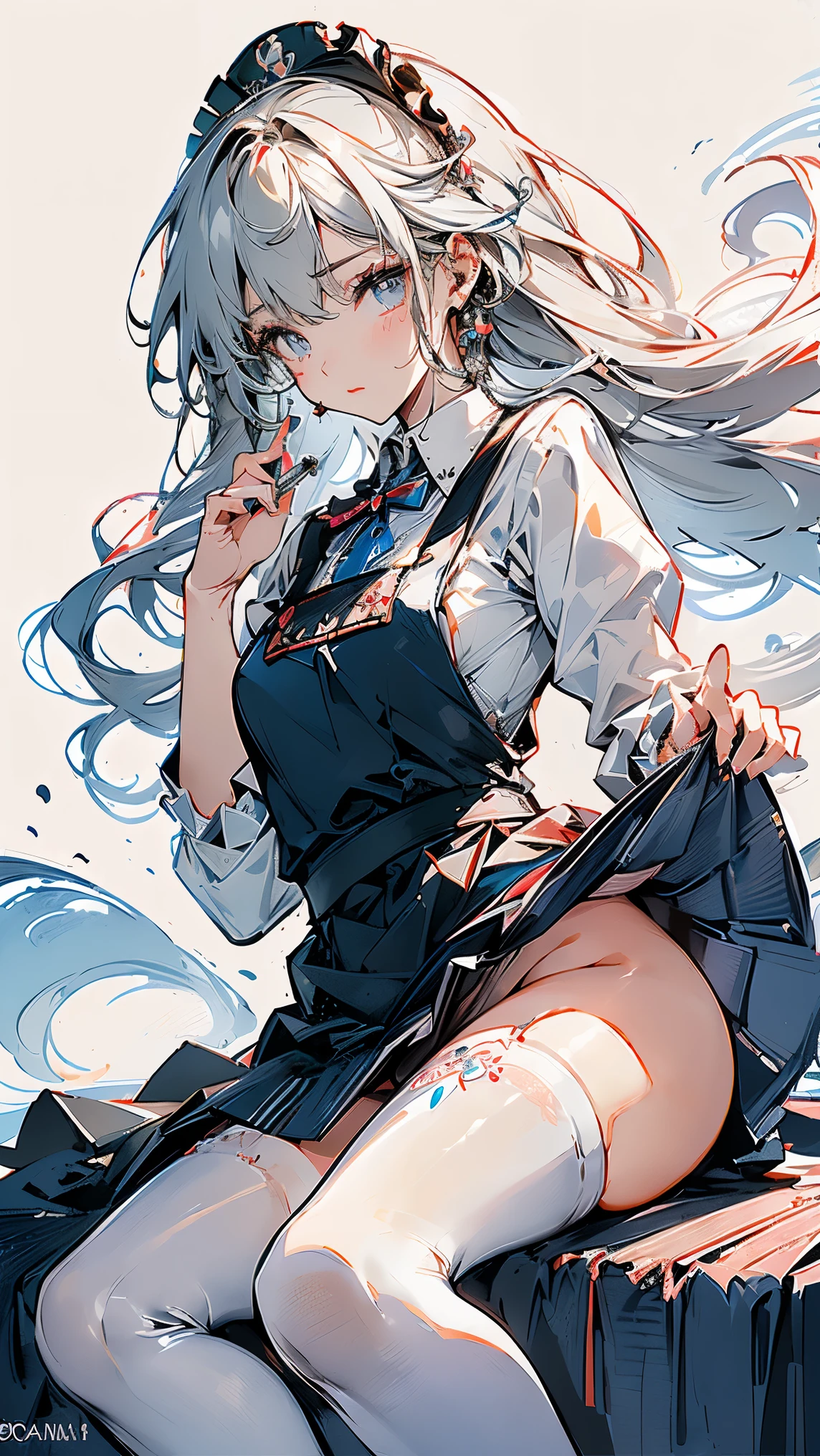 (master piece, high-quality, Mystical, ideal ratio of body proportions), (ultra high resolution, 8K RAW photo, photorealistics, natural lighting, textile shading), long shot photo:1.6, (1 beautiful anime girl:1.3, , solo:1.5, milf:1.5, nsfw:1.25, full bodiEsbian:1.3), shinny skin, BREAK, ((alice in the wonderland:1.3, cuty, kawaii, lovely, funny, a girl falling down from sky:1.5, flying girl in sky:1.5, girl is floating in air:1.1, rolling up skirt by wind:1.5, (shamed:1.3), surprising, putting hands on crotch with apron:1.35)), BREAK, ((PlayingCards, Trump, tea cup, tea pot, tea spoons, small clock:1.3, lip sticks, candies:1.2, cookies, jam bottles, keys)), ((Royal-Blue dress :1.5, wearing long flaired skirt with blowing:1.3, White Apron, white stockings)), (medium long platinum-blonde, twin tail hair:1.6, tied hair with a large ribbon), (Blue eyes, bright pupils with highlights, detailed eyes), (lying down on your back:1.4, leaning forward:1.2, spreading legs with rising up straight:1.5), ((dutch angle:1.5, full body:1.3, crotch focus:1.3, from below:1.5, unbalance posture)), cinematic image, Exotic wallpapers, colorful, pop art, fantastic art, (fantasy image:1.5), ((correct anatomy:1.5, perfect anatomy:1.3, correct hand, small foot:1.2)),