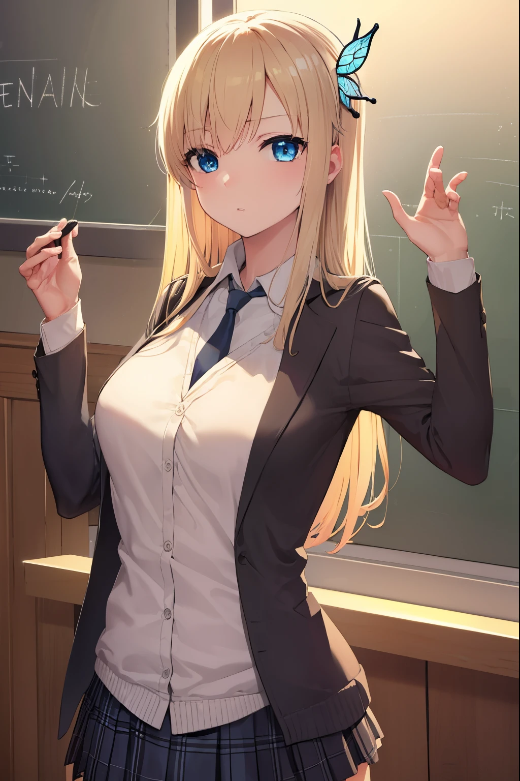 senakashiwazaki, sena kashiwazaki, blonde hair, butterfly hair ornament, hair ornament, long hair,
BREAK cardigan, checkered clothes, checkered skirt, jacket, long sleeves, necktie, school uniform, shirt, skirt, st. chronica academy school uniform
BREAK indoors, classroom,
BREAK looking at viewer, (cowboy shot:1.5),
BREAK (masterpiece:1.2), best quality, high resolution, unity 8k wallpaper, (illustration:0.8), (beautiful detailed eyes:1.6), extremely detailed face, perfect lighting, extremely detailed CG, (perfect hands, perfect anatomy),