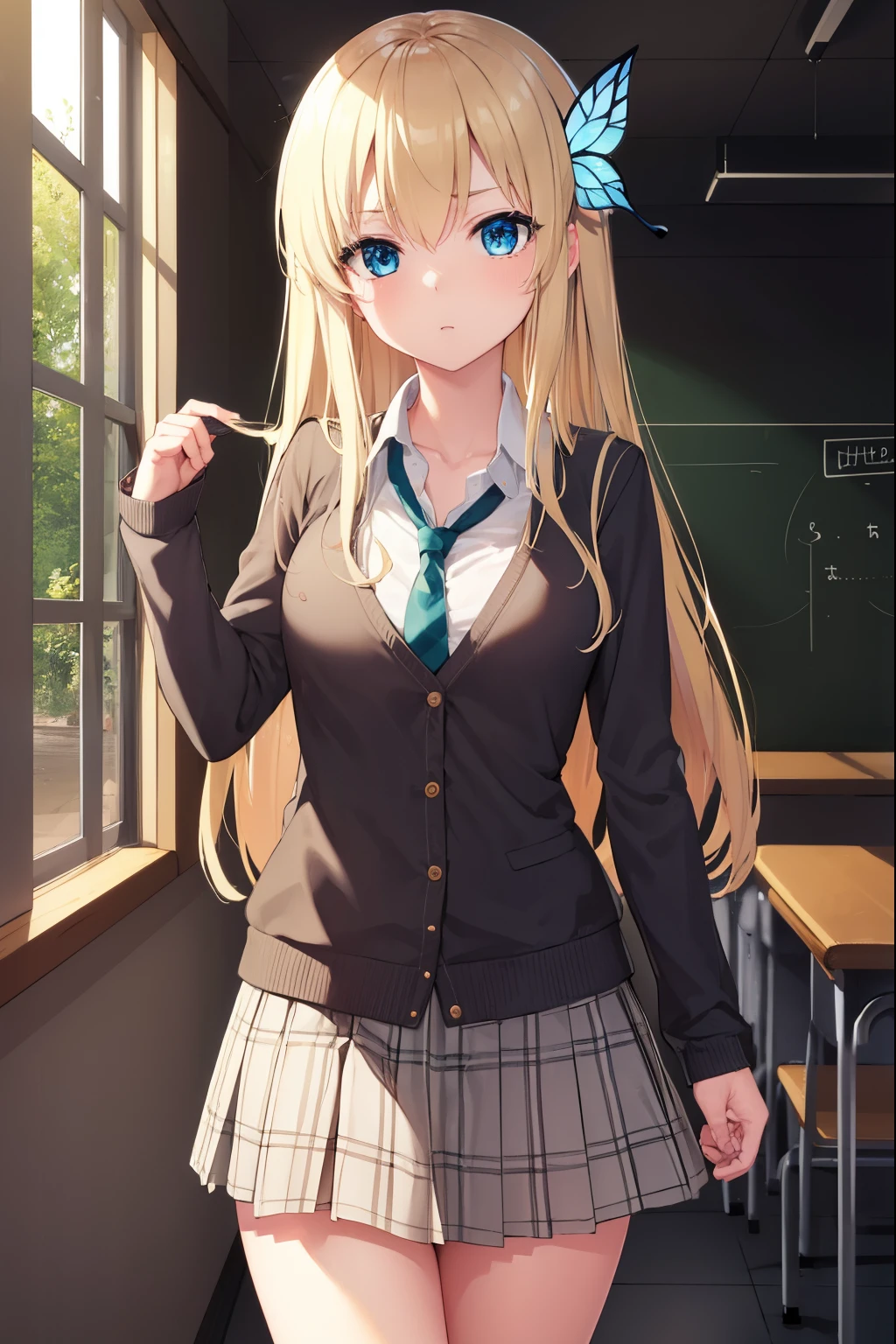 senakashiwazaki, sena kashiwazaki, blonde hair, butterfly hair ornament, hair ornament, long hair,
BREAK cardigan, checkered clothes, checkered skirt, jacket, long sleeves, necktie, school uniform, shirt, skirt, st. chronica academy school uniform
BREAK indoors, classroom,
BREAK looking at viewer, (cowboy shot:1.5),
BREAK (masterpiece:1.2), best quality, high resolution, unity 8k wallpaper, (illustration:0.8), (beautiful detailed eyes:1.6), extremely detailed face, perfect lighting, extremely detailed CG, (perfect hands, perfect anatomy),