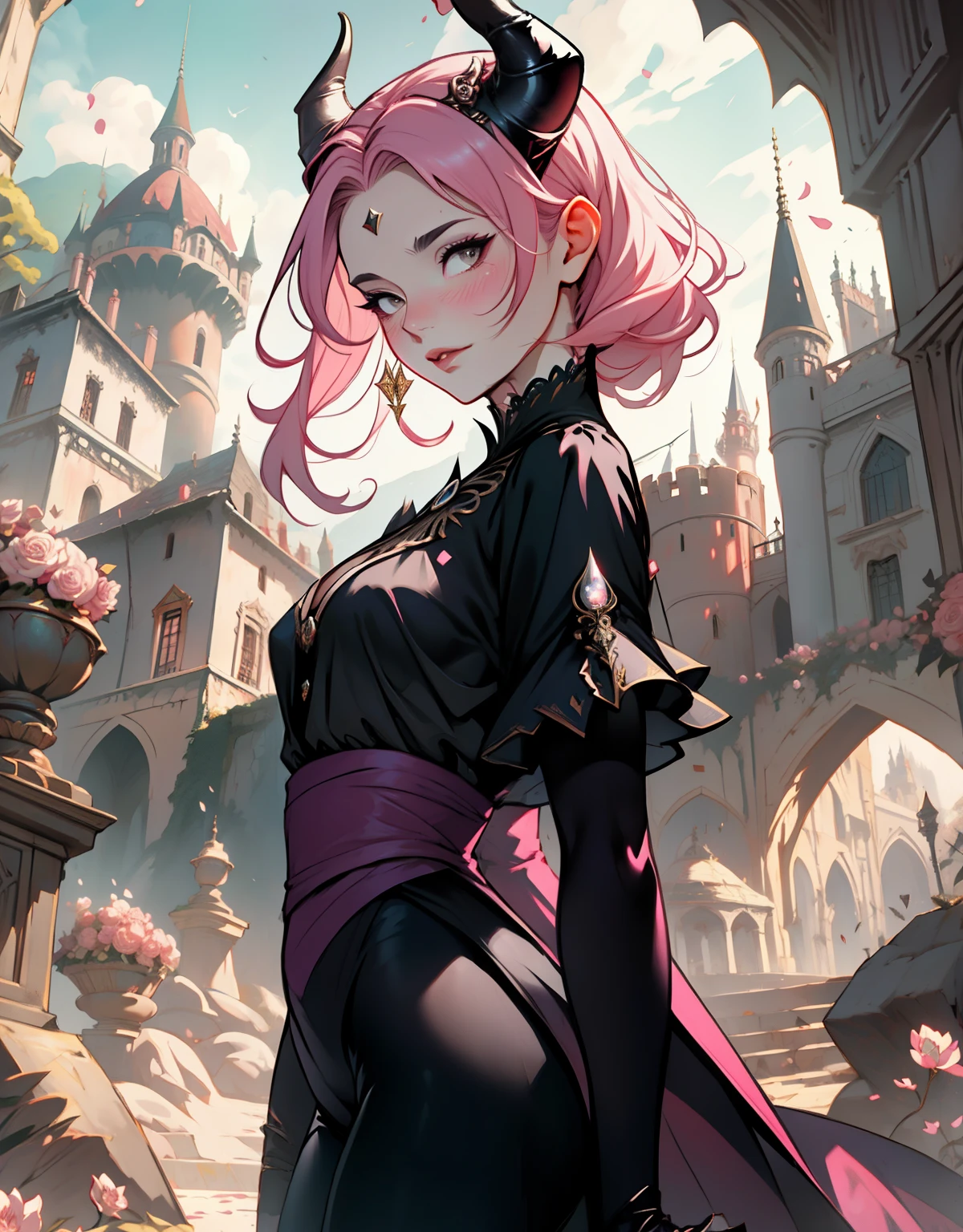 1 mulher, dressed up as maleficent, strong emotions, sakura, cabelo curto, (cabelo rosa!!) , luz, foco, como malevola, corpo inteiro, horns on head, solo, magia ao seu redor, she is in front of a castle,(leggings and black blouse),  from head to toe ((corpo inteiro!!!)