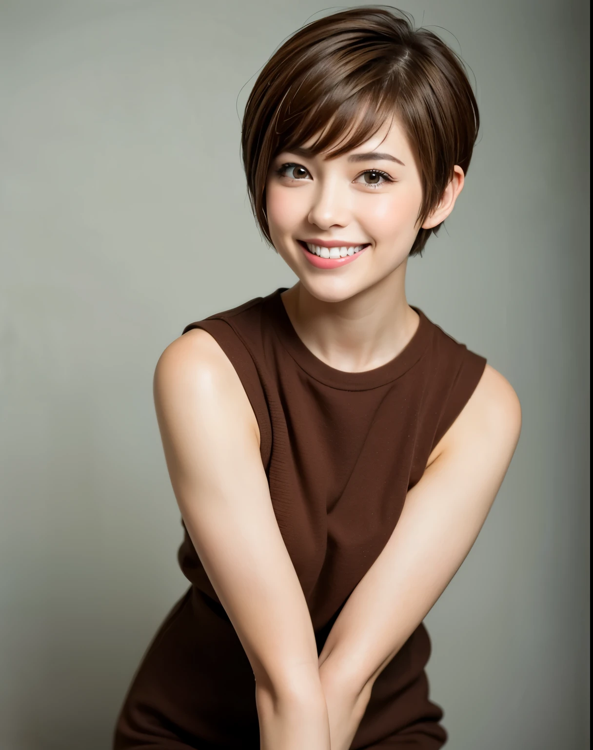 Pixie cut, very, very short hair, uneven tips, smile, brown hair