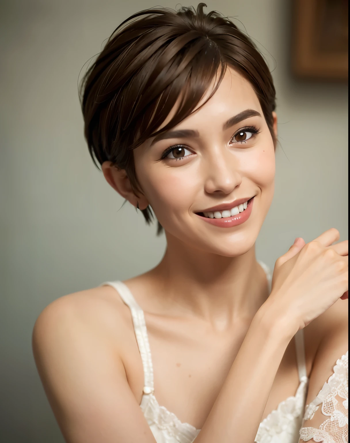 Pixie cut, very, very short hair, uneven tips, smile, brown hair