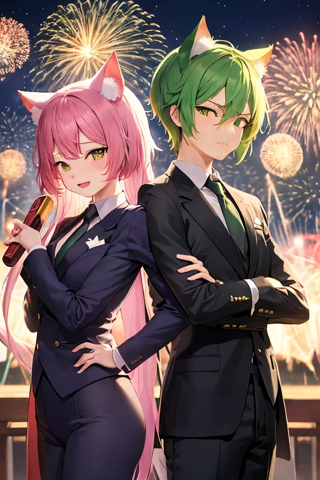((ผลงานชิ้นเอก))(น่ารัก)(เด็กผู้หญิง) long lightgreen hair with morter board. black suit with green necktie. in firework festival. cat ear