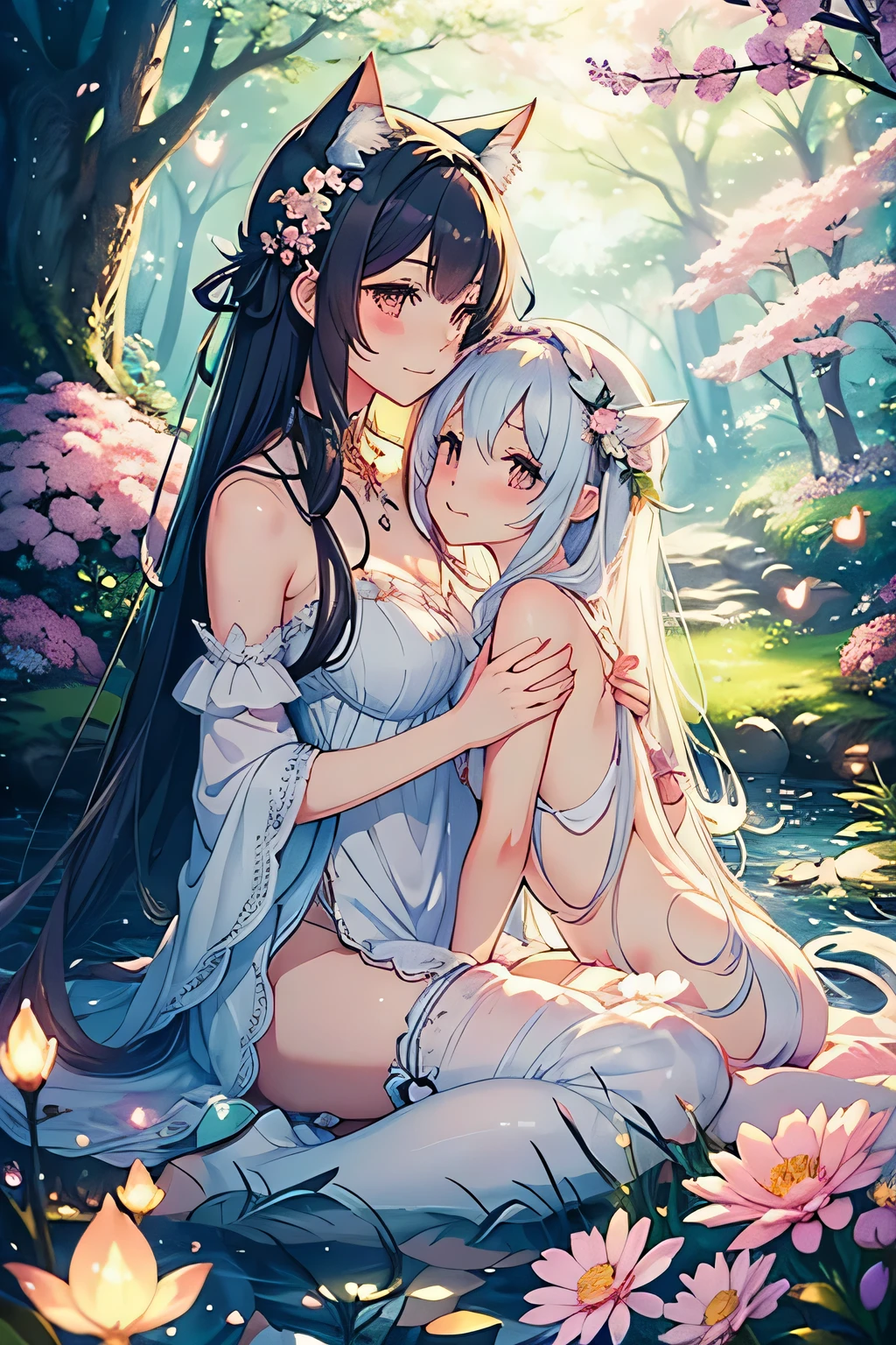 Create a heartwarming illustration depicting Neko, l'adorable catgirl, entwined in a delicate story of'love with a charming fairy companion. Set the scene in a magical moonlit glade, where Neko and her fairy lover share an intimate moment filled with'affection.
Detail the'expression de Neko, capturing the sweet mix of curiosity and tenderness in her feline eyes as'she looks affectionately at her fairy companion. Illustrate the fairy with ethereal grace, featuring delicate wings and a charming demeanor that reflects mutual feelings. Consider adding subtle magical elements like soft glows or shimmering hearts to highlight the'enchantement de leur connexion..
Place Neko and the fairy in a setting that is both serene and romantic, surrounded by blooming flowers and luminescent fireflies. Ajoutez une touche de fantaisie en incorporant une douce brise, causing Neko's cat ears to twitch and the fairy's wings to flap in response. Convey the depth of their connection through subtle touches, comme l'intertwining of fingers or the fairy placed on the'Neko's shoulder.
Capture the emotional nuances of their story'love – shared laughter, tacit understanding, and the sweet moments of closeness. Allow the natural environment to enhance the emotional atmosphere, create a visual narrative that evokes a feeling of magic and genuine affection.
Invite artists to explore the tender and magical kingdom of "Murmures du coeur: L'Neko's fairy affection," mettant en valeur l'budding love between a catgirl and a fairy in a captivating and enchanting scene.