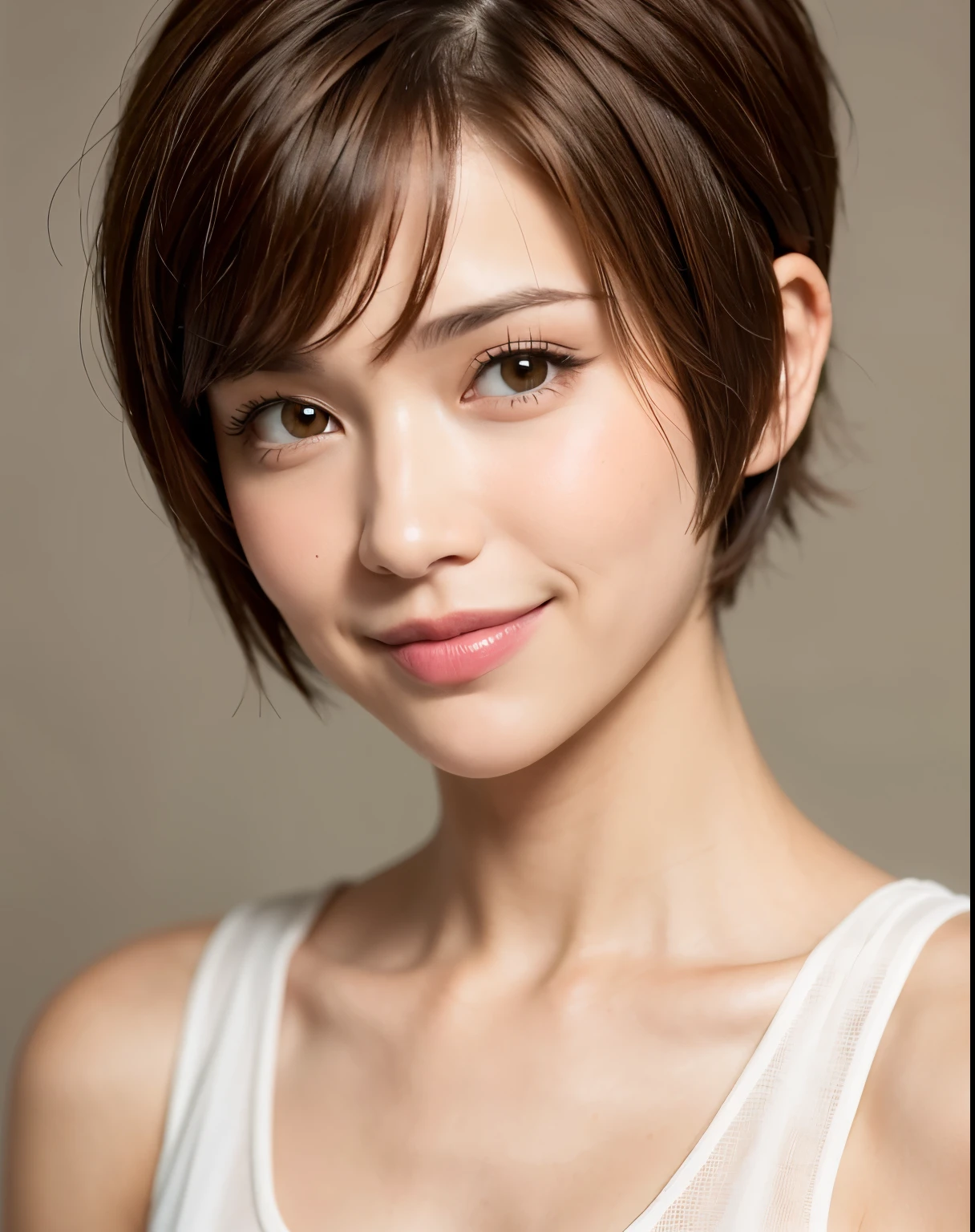 Pixie cut, very, very short hair, uneven tips, smile, brown hair