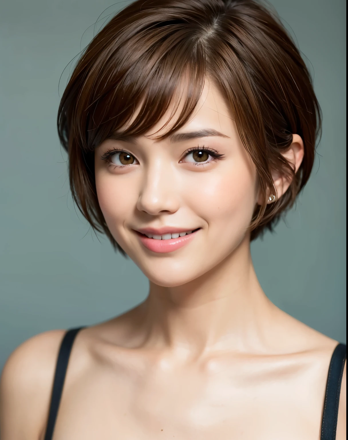Pixie cut, very, very short hair, uneven tips, smile, brown hair