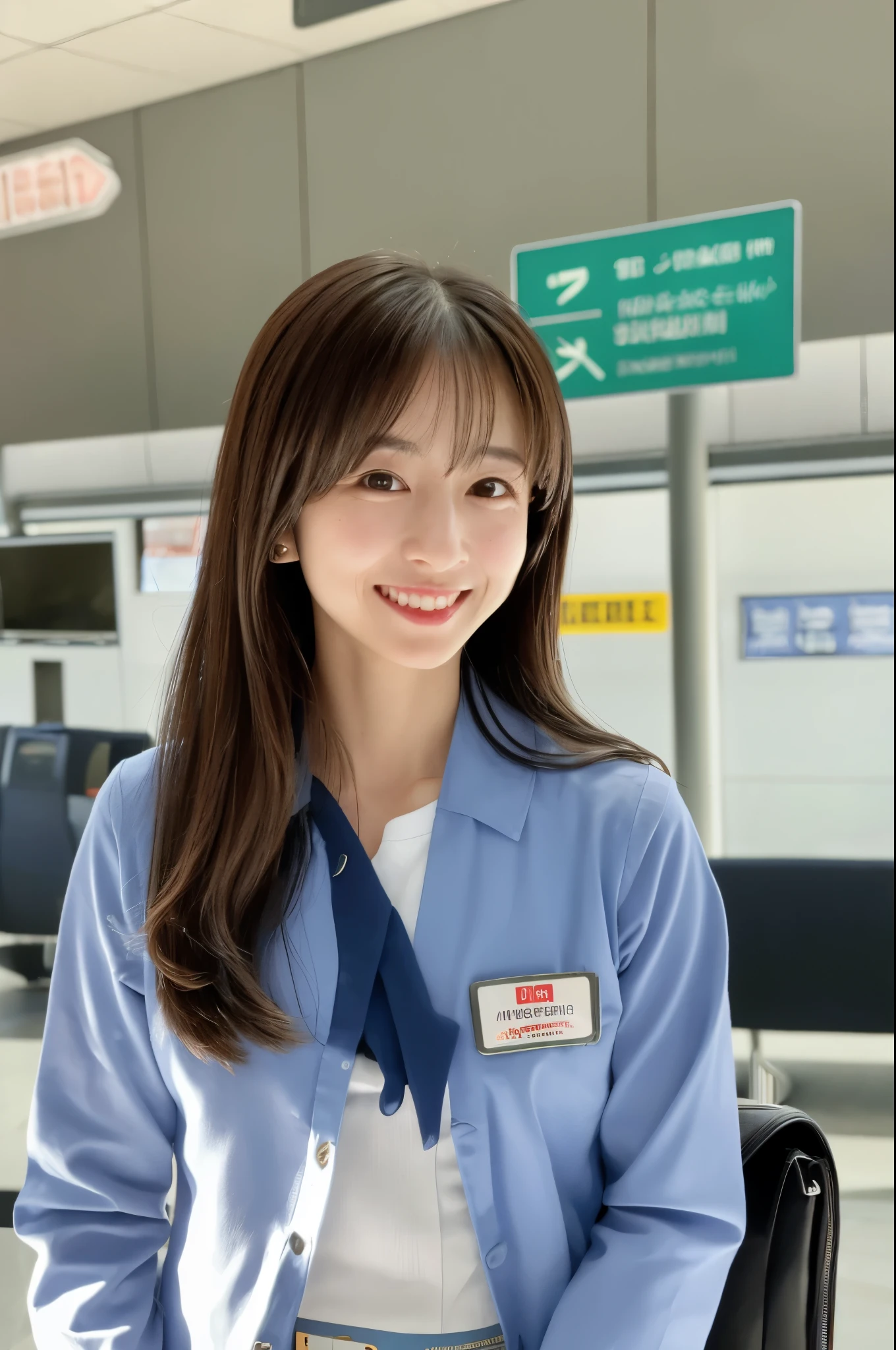 top-quality, ​asterpiece, 8K, Super high resolution, (Photorealsitic:1.4), 1girl in, beautiful countenance, symmetrical eye, Skinny Japanese lady, 30 years old, Small breasts, thin waist, Stewardess uniform, Look at viewers, (Inside the airport:1.2), front-facing view, Shoulder, Absolute area(1.3), A smile,