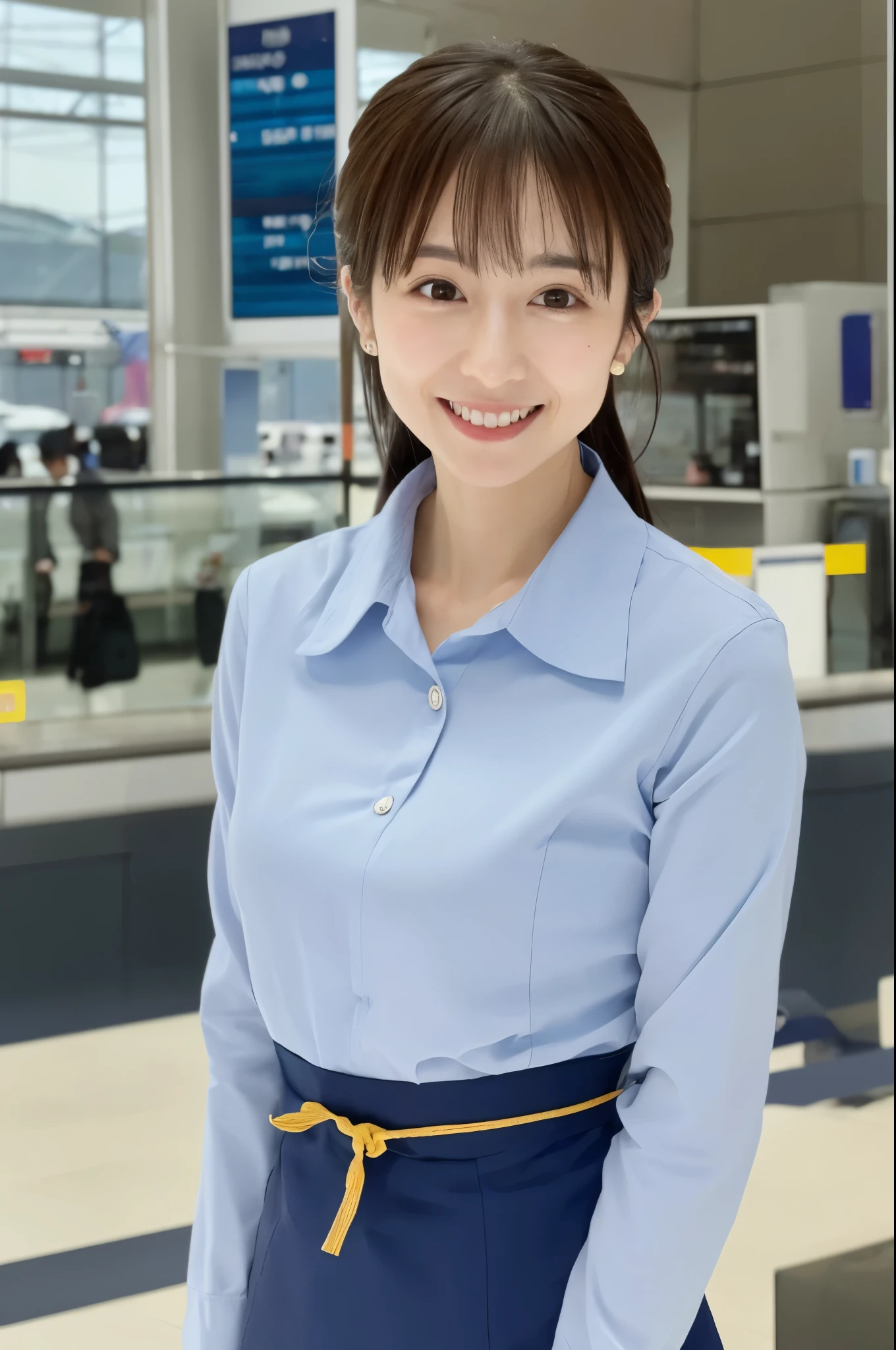 top-quality, ​asterpiece, 8K, Super high resolution, (Photorealsitic:1.4), 1girl in, beautiful countenance, symmetrical eye, Skinny Japanese lady, 30 years old, Small breasts, thin waist, Stewardess uniform, Look at viewers, (Inside the airport:1.2), front-facing view, Shoulder, Absolute area(1.3), A smile,