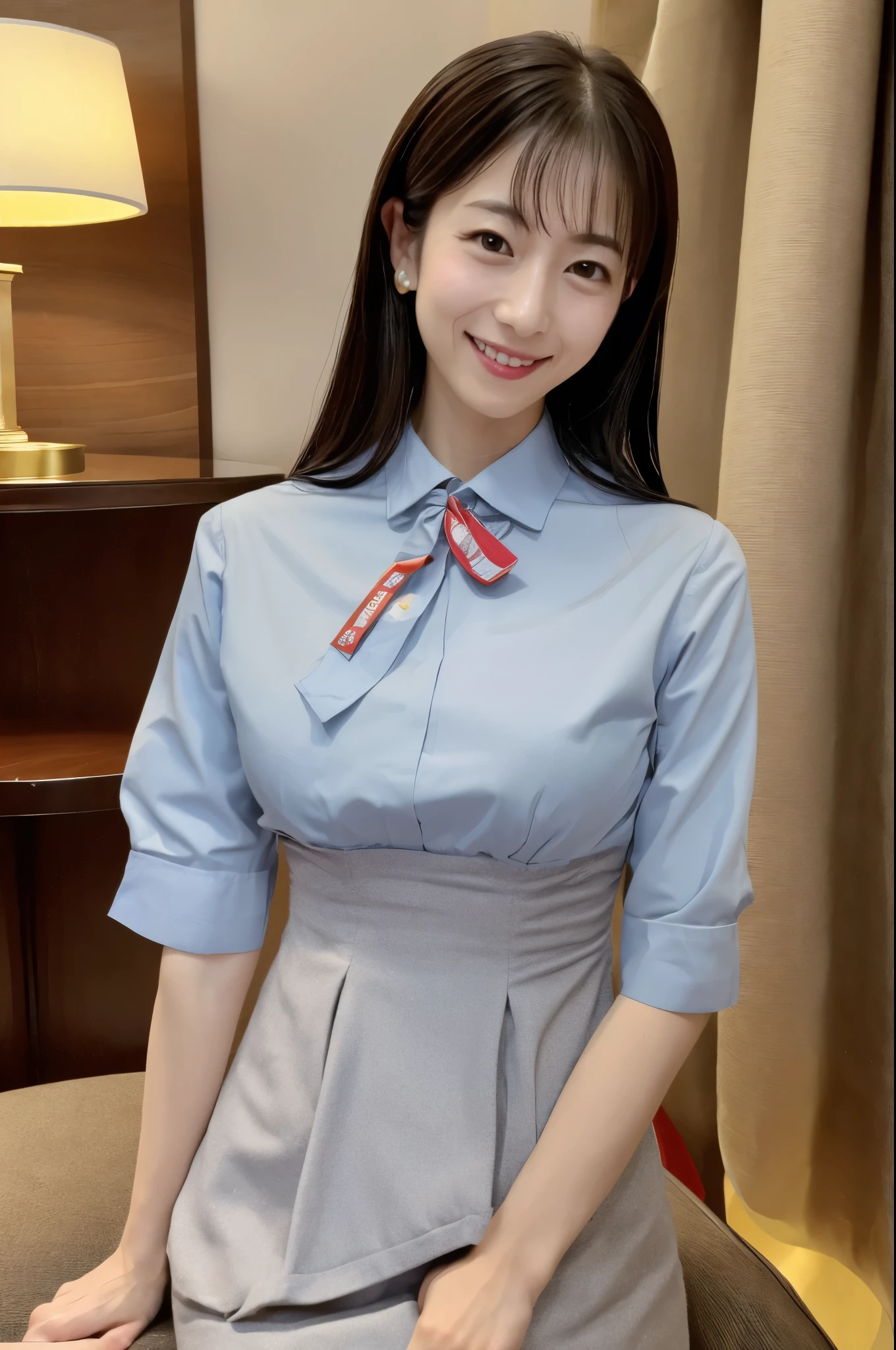 top-quality, asterpiece, 8K, Super high resolution, (Photorealsitic:1.4), 1girl in, beautiful countenance, symmetrical eye, Skinny Japanese lady, 30 years old, Small breasts, thin waist, Stewardess uniform, Look at viewers, (Inside the hotel:1.2), front-facing view, Shoulder, Absolute area(1.3), A smile,