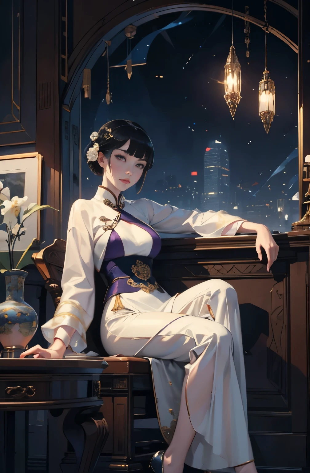 A painting of a beautiful young woman standing quietly, 美しいHongkongの夜景, flower of society, She is wearing an elegant purple cheongsam, Inspired by Chen Yifei, Inspired by Francesco Hayez, Inspired by Hendrik Terbruggen, Jean=Works that influenced Auguste Dominique Ingres, Inspired by Liu Jun, Jean=Works that influenced Auguste Dominique Ingres, highest quality, perfect angle, perfect composition, best shot, official art, cinematic light, figurative art, Beautiful and expressive paintings, Beautiful artwork illustration, wonderful, cool beauty, clear, Mysterious, highest quality, official art, perfect composition,perfect angle, best shot, women only, sharp outline, In the middle of a conspiracy, Anna May Wong, faces behind the scenes, dark government official, dark mission, first class agent, Government agencies, トップクラスの大物spy, 有能な女spy, 美しい女性spy, pretty much beautiful face, spy, spy X21, carrying a concealed gun and knife, Eyes without pupils, color eye, ideal anima, melancholy, nostalgia, romantic, 1930s, Hongkong, beautiful cityscape, sepia memories, unforgettable woman, Full body Esbian