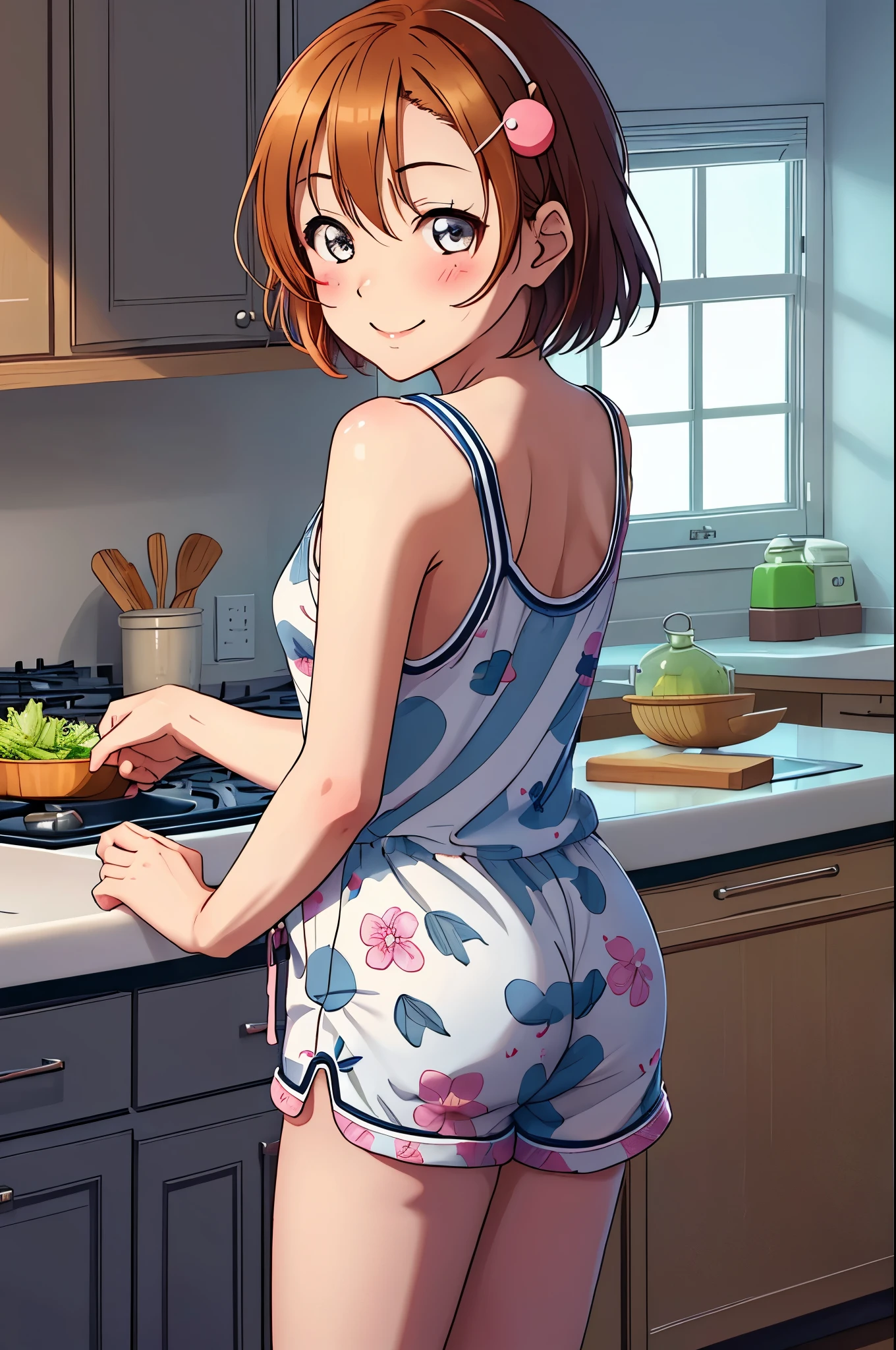 Masterpiece, best quality,Kousaka honoka, looking at viewer ,night, kitchen , cooking, from behind,(short pajamas shorts), tank top,short hair, hair ornament, standing , Blushing ,cowboy shot , warm smile ,ass