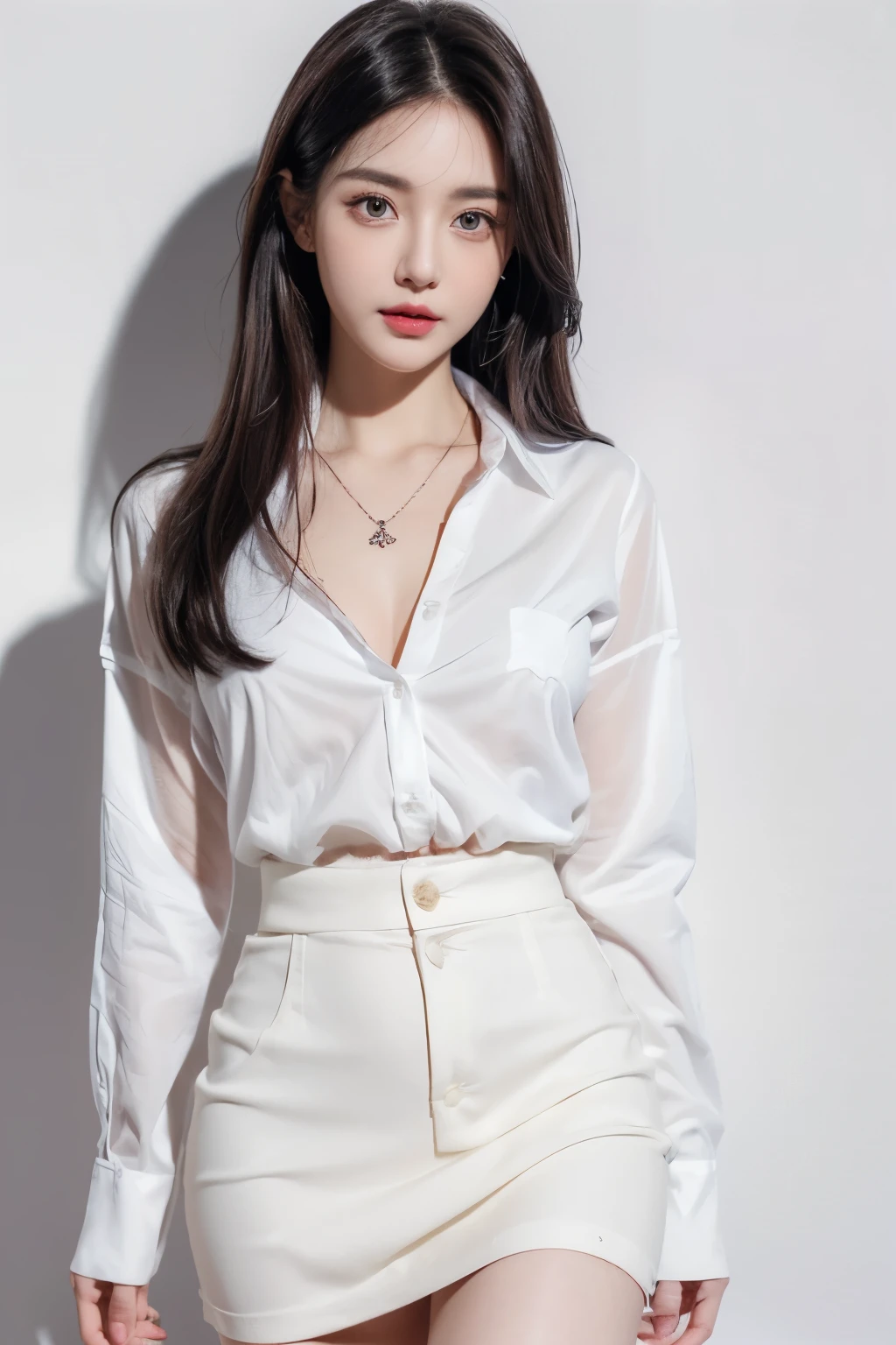 a woman, beautiful, amazing face and eyes, cosmetic,(Extremely detailed beautiful face), (The sexiest look), (best quality), (Super detailed), (Extremely detailed CG unified 8k wallpaper), (standing), (pure white background),(black hair),(big eyes),(Soft light source),(small breasts),red glossy lips,Wearing pendant, White button up shirt,Black skirt,The character is centered