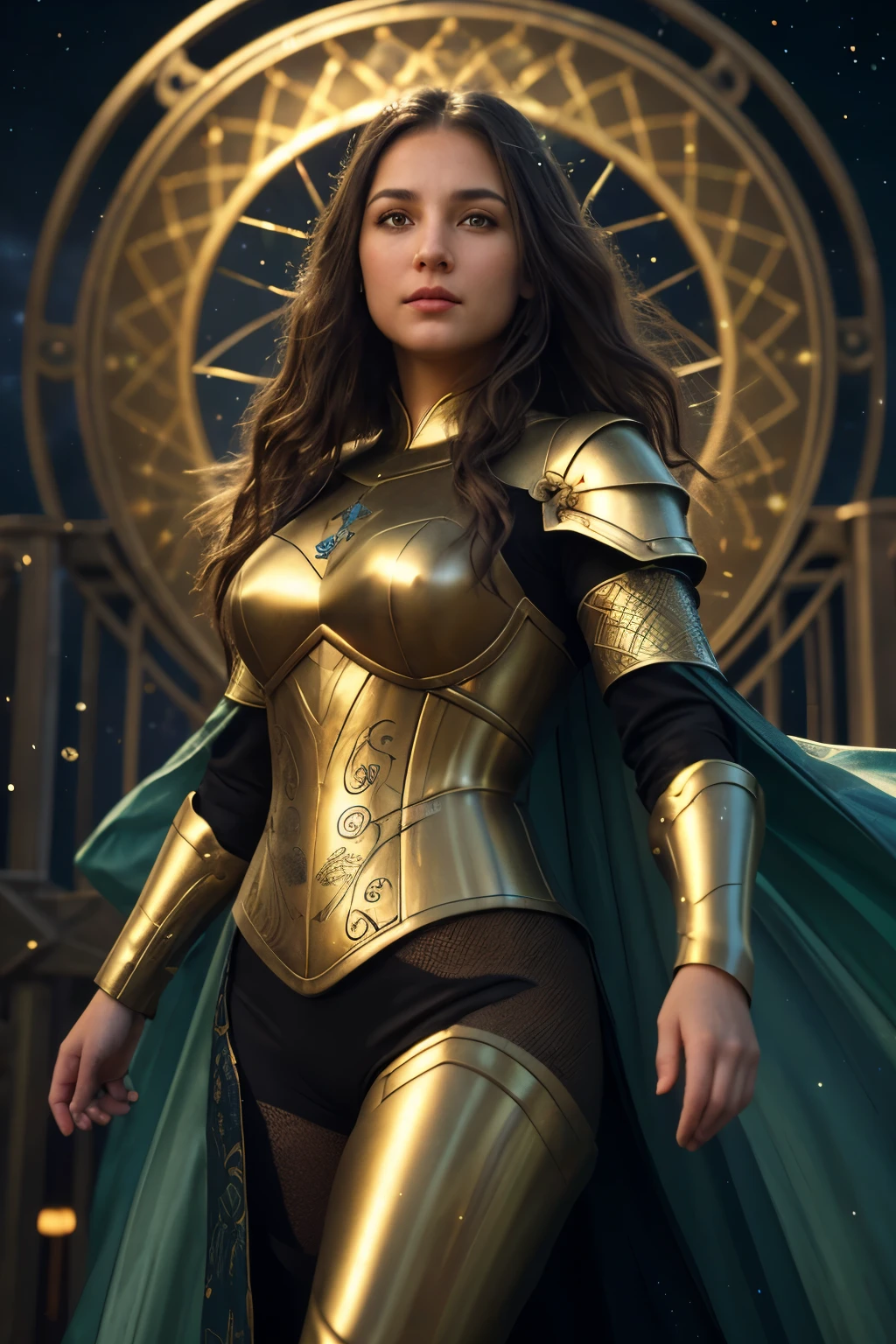 A brown-eyed, green-eyed woman with flowing hair caught in the wind stands before a stargate, bathed in the ethereal glow of the ultra realistic cinematography surrounding her. Adorned in intricately designed medieval armor, the blue and gold engravings shimmer with a high density 8k texture, detailing every curve and line. Her realistic skin, with its fine pores and complexion, adds to the sublime beauty of the scene. The starlit night sky serves as the backdrop, the future beckoning beyond the shimmering gate. (Filmic, Dramatic, Best quality, Detailed CG, Beautiful detailed eyes, Bright pupils, Sh