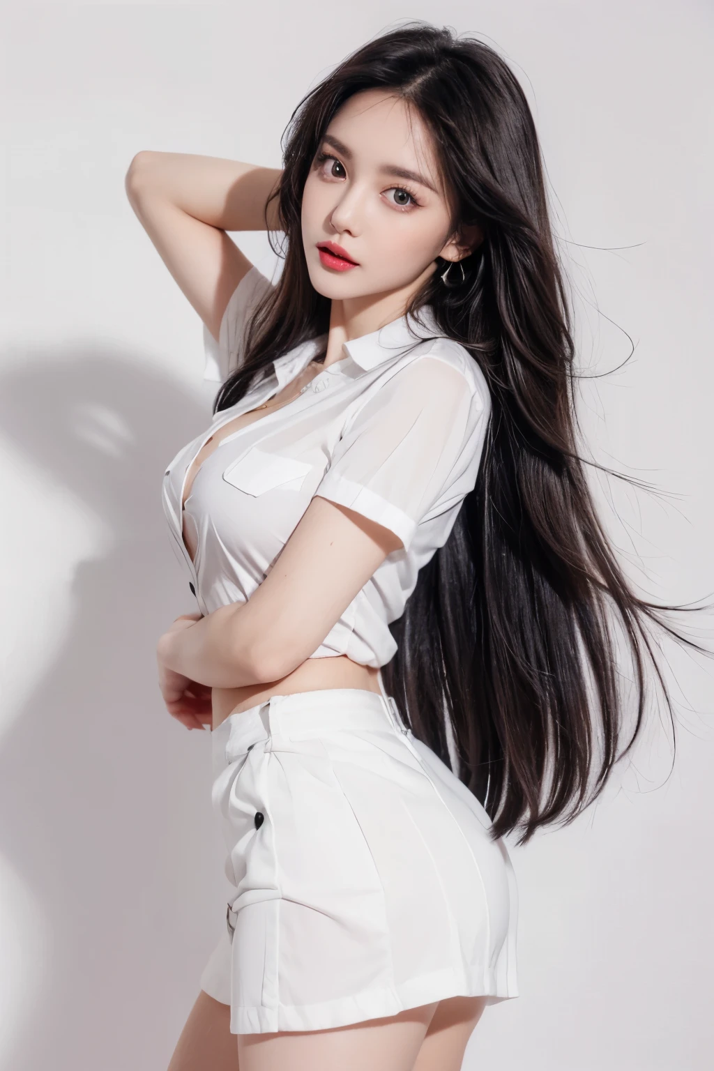 a woman, beautiful, amazing face and eyes, cosmetic,(Extremely detailed beautiful face), (The sexiest look), (best quality), (Super detailed), (Extremely detailed CG unified 8k wallpaper), (standing), (pure white background),(black hair),(big eyes),(Soft light source),(small breasts),red glossy lips,Wearing pendant, White button up shirt,Black skirt,The character is centered