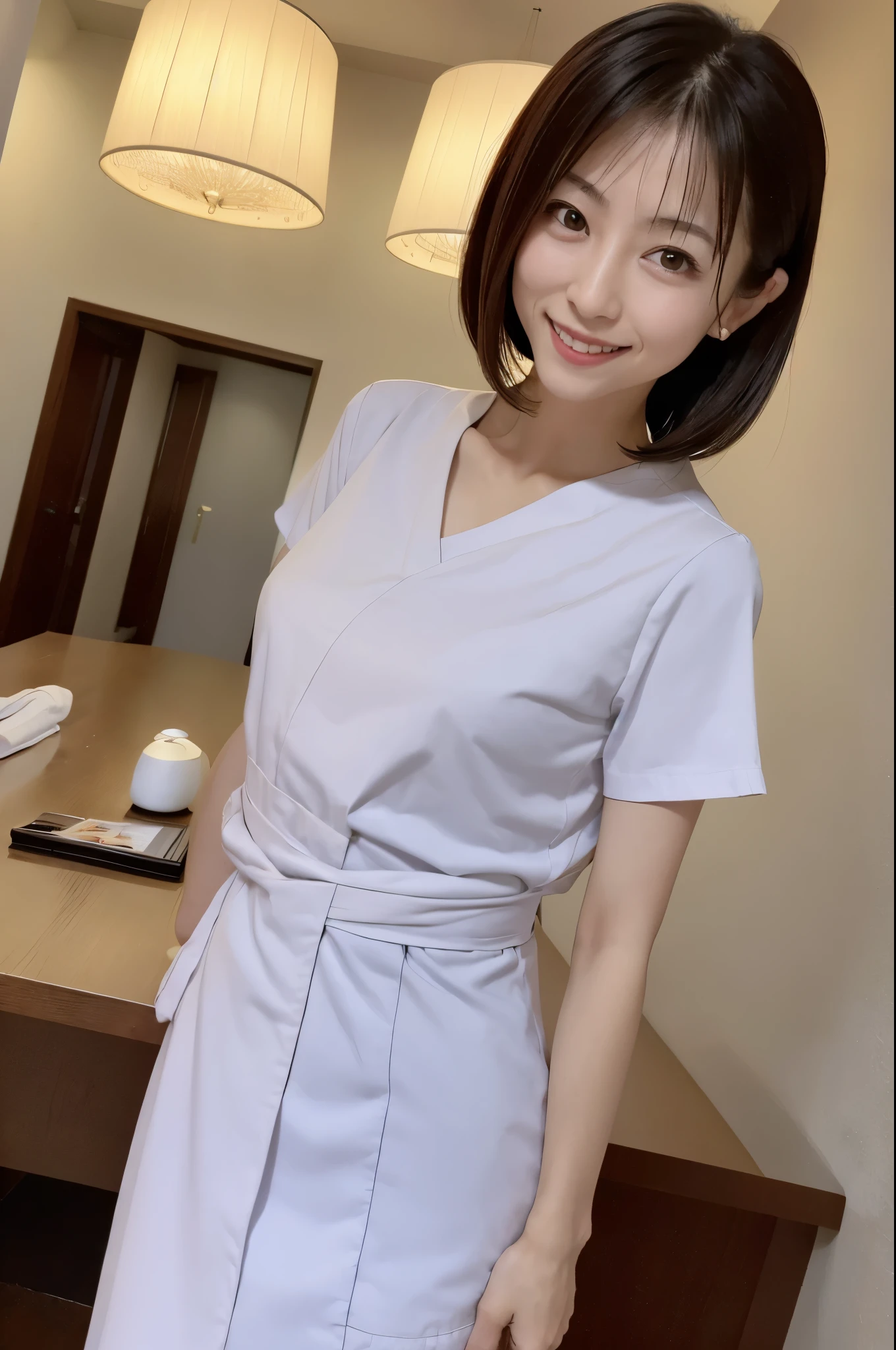 top-quality, ​asterpiece, 8K, Super high resolution, (Photorealsitic:1.4), 1girl in, beautiful countenance, symmetrical eye, Skinny Japanese lady, 30 years old, Small breasts, thin waist, nurse uniform, Look at viewers, (Inside the hotel:1.2), front-facing view, Shoulder, Absolute area(1.3), A smile,