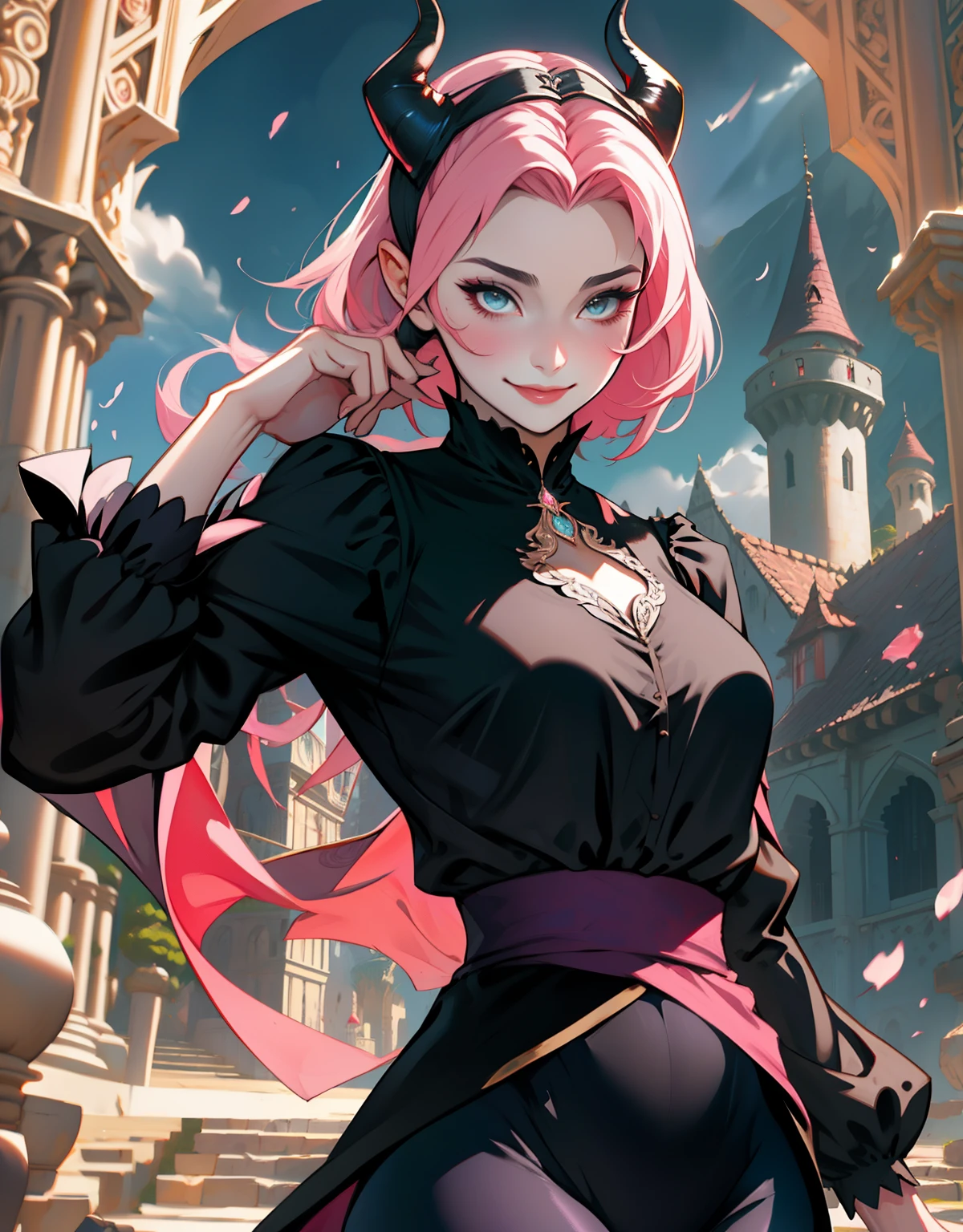 1 mulher, dressed up as maleficent, strong emotions, sakura, cabelo curto, (cabelo rosa!!) , luz, foco, como malevola, corpo inteiro, horns on head, solo, magia ao seu redor, she is in front of a castle,(leggings and black blouse),  from head to toe ((corpo inteiro!!!), maligna, rosto perverso, sorriso maligno