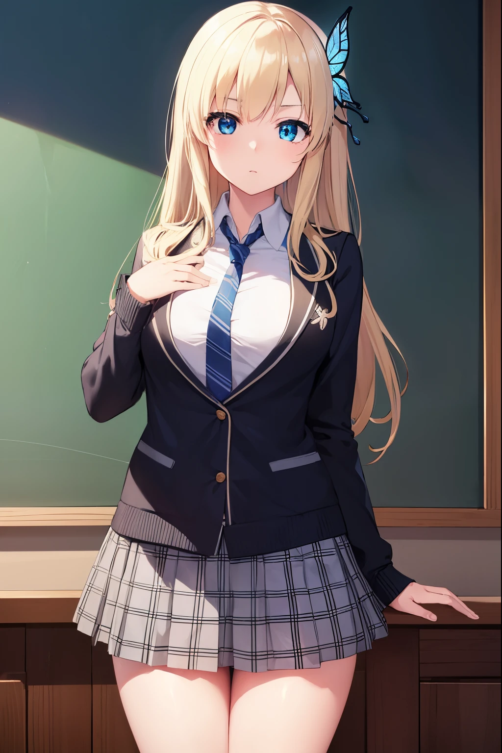 senakashiwazaki, sena kashiwazaki, blonde hair, butterfly hair ornament, hair ornament, long hair,
BREAK cardigan, checkered clothes, checkered skirt, jacket, long sleeves, necktie, school uniform, shirt, skirt, st. chronica academy school uniform
BREAK indoors, classroom,
BREAK looking at viewer, (cowboy shot:1.5),
BREAK (masterpiece:1.2), best quality, high resolution, unity 8k wallpaper, (illustration:0.8), (beautiful detailed eyes:1.6), extremely detailed face, perfect lighting, extremely detailed CG, (perfect hands, perfect anatomy),