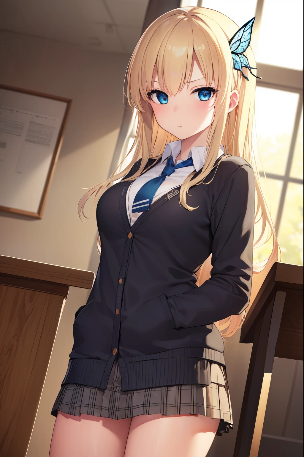 senakashiwazaki, sena kashiwazaki, blonde hair, butterfly hair ornament, hair ornament, long hair,
BREAK cardigan, checkered clothes, checkered skirt, jacket, long sleeves, necktie, school uniform, shirt, skirt, st. chronica academy school uniform
BREAK indoors, classroom,
BREAK looking at viewer, (cowboy shot:1.5),
BREAK (masterpiece:1.2), best quality, high resolution, unity 8k wallpaper, (illustration:0.8), (beautiful detailed eyes:1.6), extremely detailed face, perfect lighting, extremely detailed CG, (perfect hands, perfect anatomy),