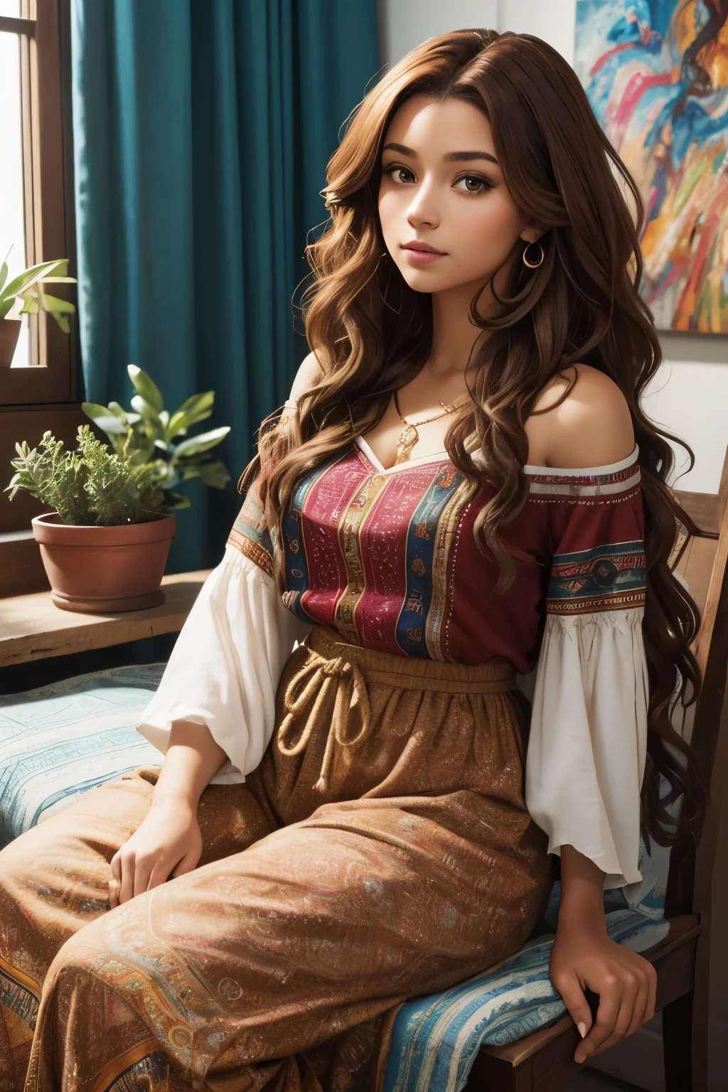 Hair:Amara has flowing chestnut brown curls that cascade gracefully around her shoulders, adding a touch of artistic flair to her appearance.Face:Her face is adorned with subtle, natural makeup that enhances her features. Amara's hazel eyes exude curiosity and creativity, reflecting her passion for art.Attire:Amara wears a bohemian-inspired outfit, embracing flowing fabrics and vibrant colors. A loose-fitting, artistic blouse paired with comfortable yet stylish wide-legged pants completes her eclectic look.Pose:In the morning reel, Amara is seen seated at her art studio, engrossed in a canvas at a cozy home art studio