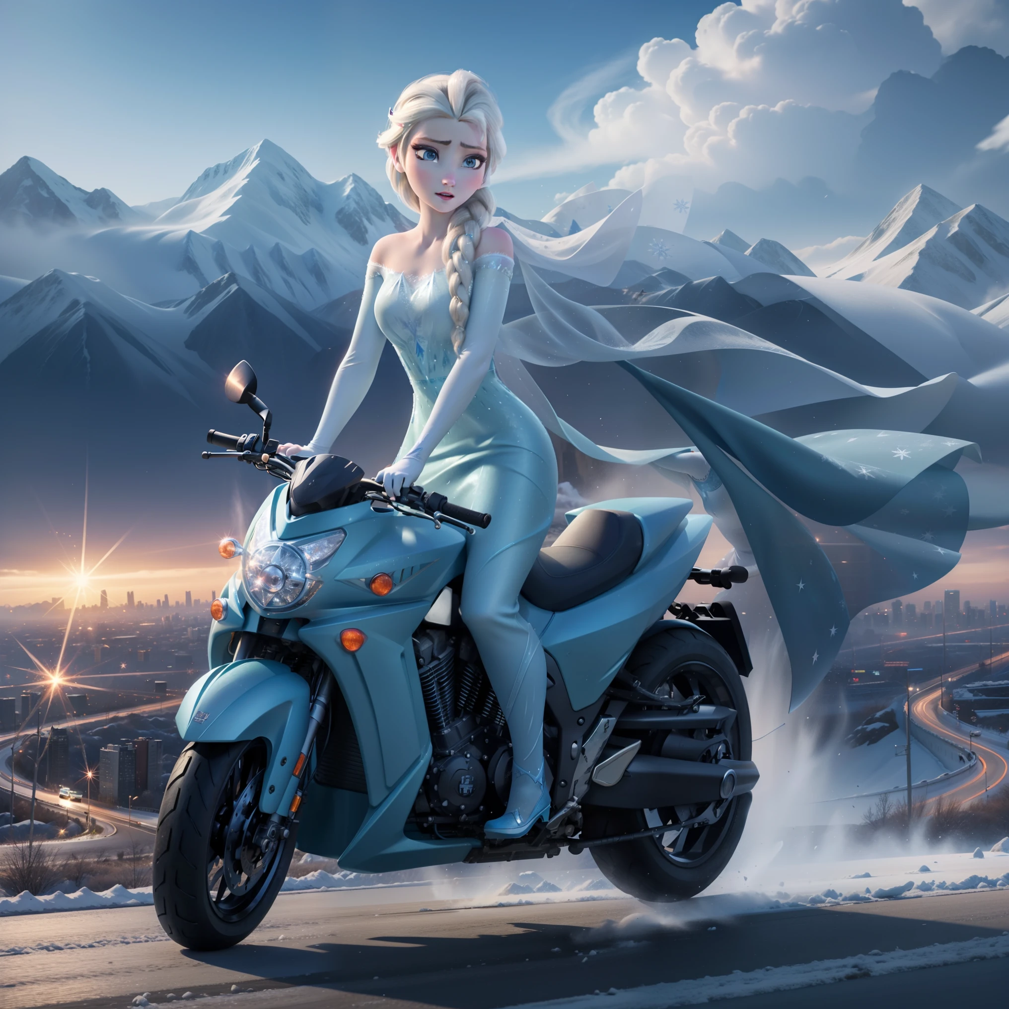 Elsa、beautiful, Elsa, frozen cityscape, high quality、Highway、riding a big motorbike、Driving with the front wheels floating at tremendous speeds、Exploding while cutting the wind