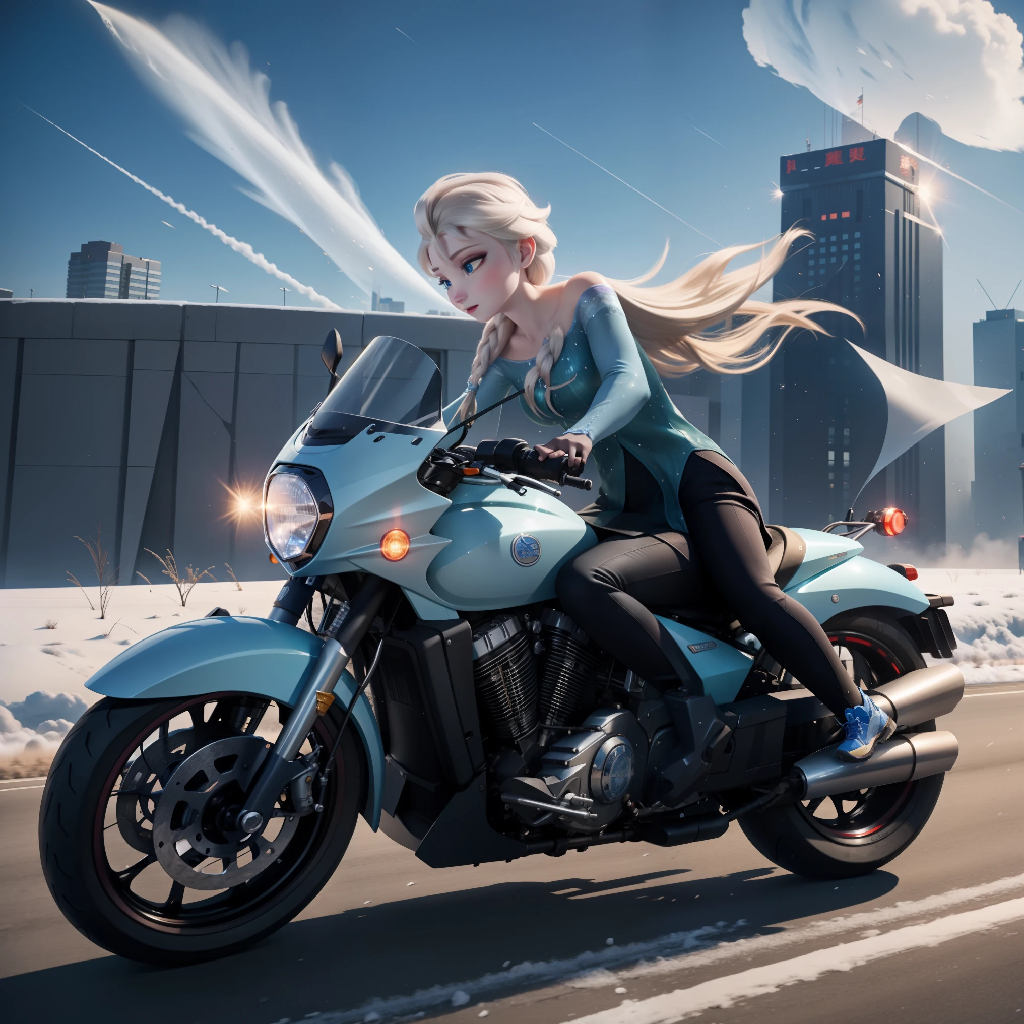 Elsa、beautiful, Elsa, frozen cityscape, high quality、Highway、riding a big motorbike、Driving with the front wheels floating at tremendous speeds、Exploding while cutting the wind