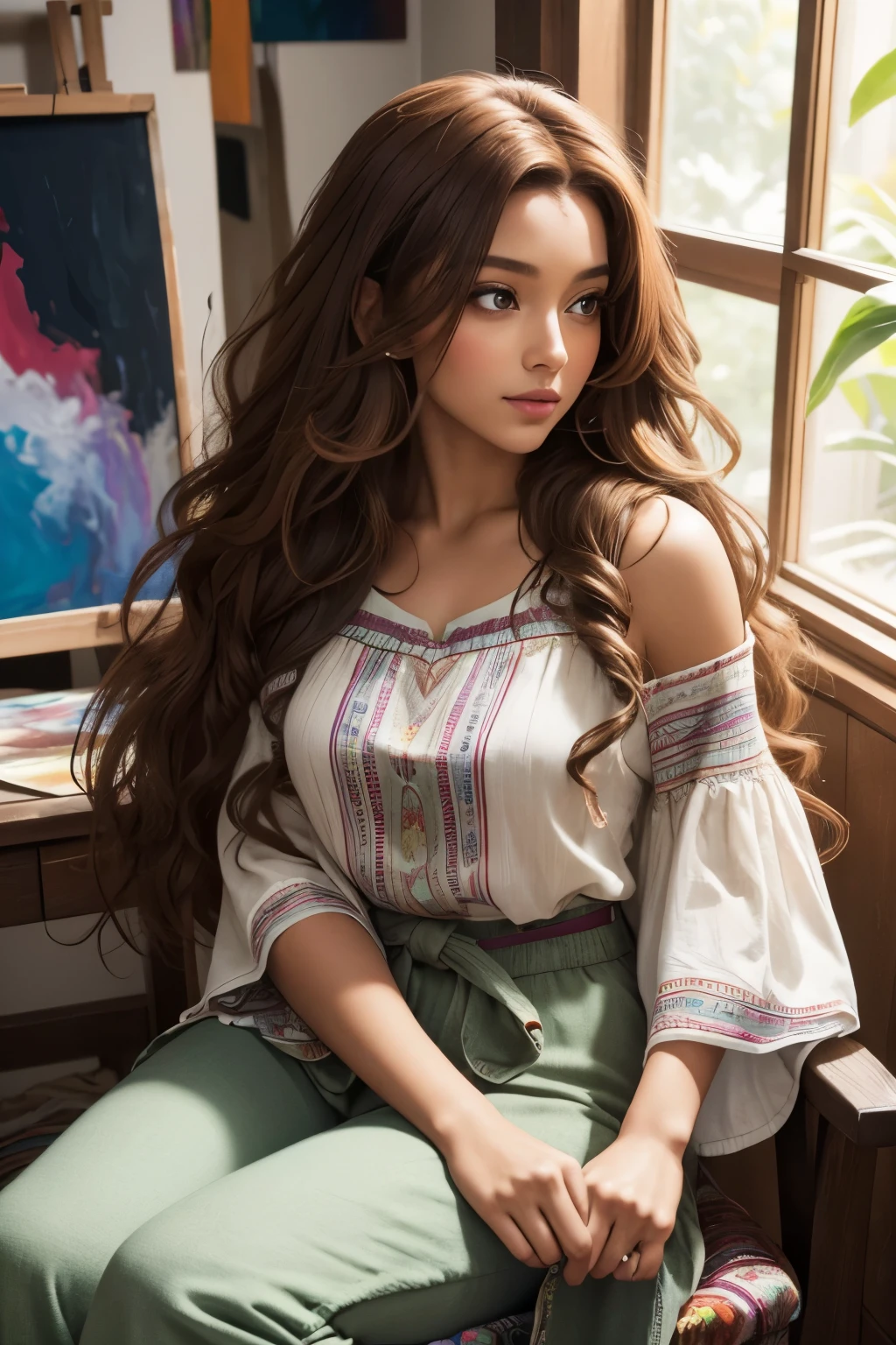 Hair:Amara has flowing chestnut brown curls that cascade gracefully around her shoulders, adding a touch of artistic flair to her appearance.Face:Her face is adorned with subtle, natural makeup that enhances her features. Amara's hazel eyes exude curiosity and creativity, reflecting her passion for art.Attire:Amara wears a bohemian-inspired outfit, embracing flowing fabrics and vibrant colors. A loose-fitting, artistic blouse paired with comfortable yet stylish wide-legged pants completes her eclectic look.Pose:In the morning reel, Amara is seen seated at her art studio, engrossed in a canvas at a cozy home art studio