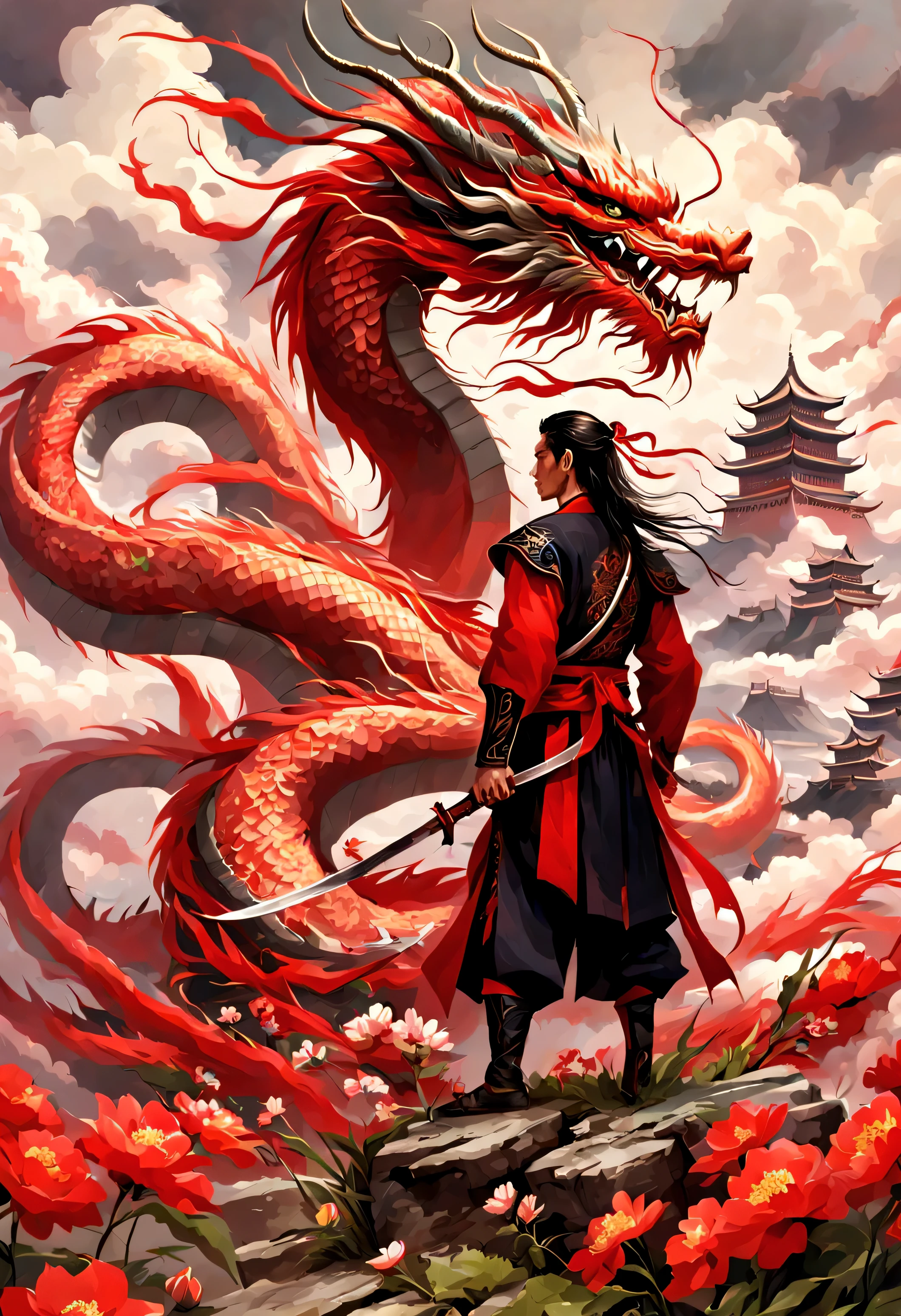 Chinese dragon, arms, sword, Keep, Keep arms,Red and black clothes, man, long hair, cloud, permanent, HILL , flowers,art style impressionism