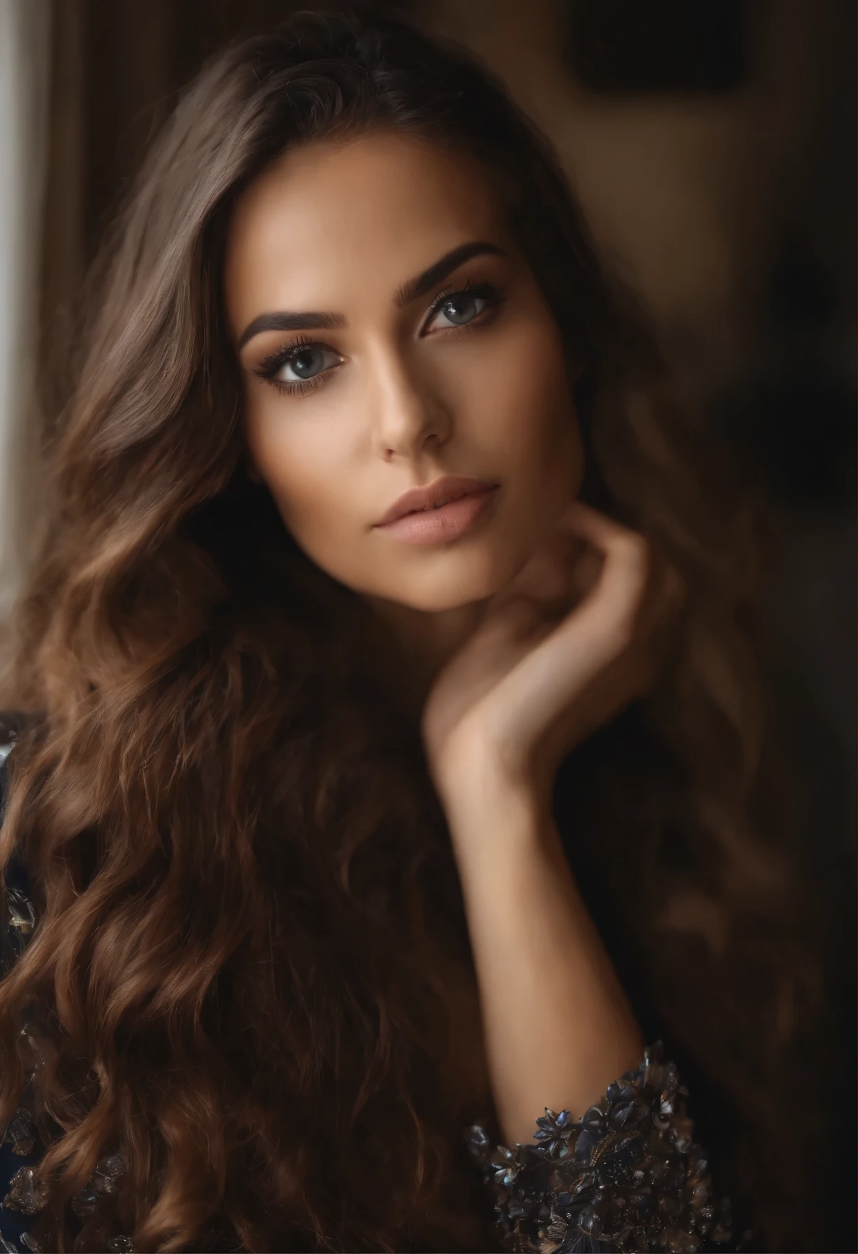 fille noire sexy aux yeux bruns, ultra réaliste, minutieusement détaillé, cheveux bruns et grands yeux, selfie d'une jeune femme, sans maquillage, Maquillage naturel, regarder directement la caméra, visage avec artgram, maquillage subtil, dans la chambre, 8K, hyper réaliste