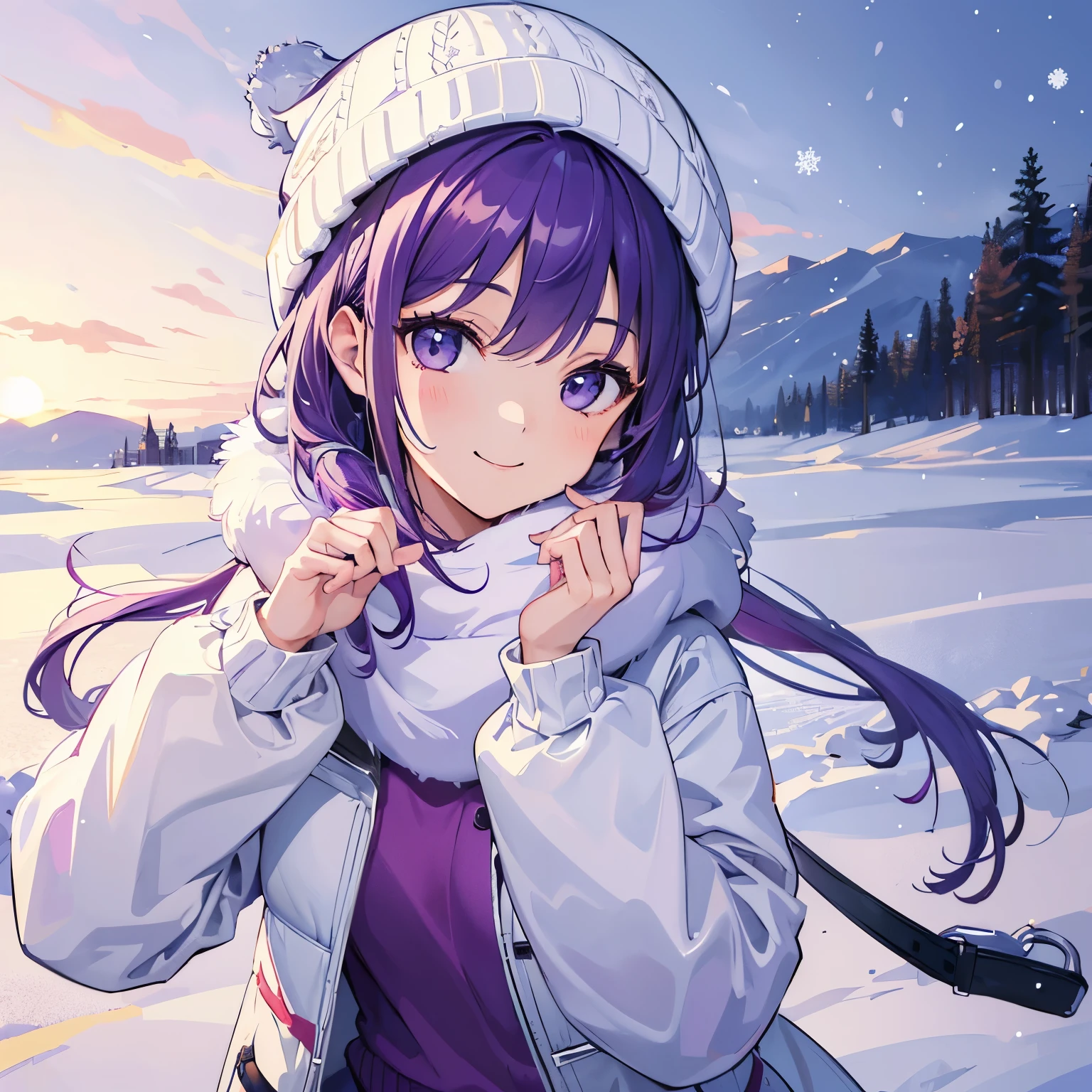 (T Masterpiece，4k wallpaper，best quality))、((girl１people))、(solo)、Brilliant，(purple hair)、(shortcut:1.3)、smile、winter、snowfield、knit hat