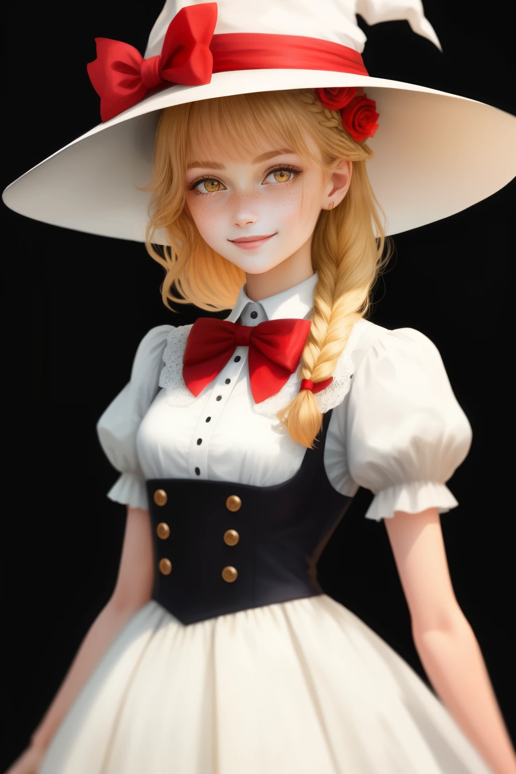 masterpiece,best quality,1girl, solo, hat, braid, blonde hair, bow, star (symbol), flower, yellow eyes, looking at viewer, red bow, witch hat, upper body, bowtie, single braid, rose, smile, brown background, puffy sleeves, freckles, red bowtie, red flower, hair ornament, lips, kirisame marisa, bangs, red rose, closed mouth, simple background, hat flower, dress