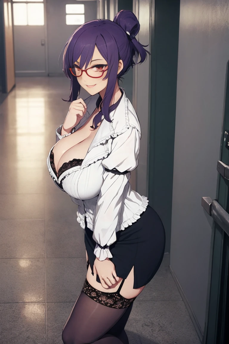 masterpiece, best quality, suzune, purple hair, red eyes, red glasses, white shirt, cleavage, lace trim, pencil skirt, garter straps, black thighhighs, high heels, from side, thick thighs, looking at viewer, smile, standing, school hallway 