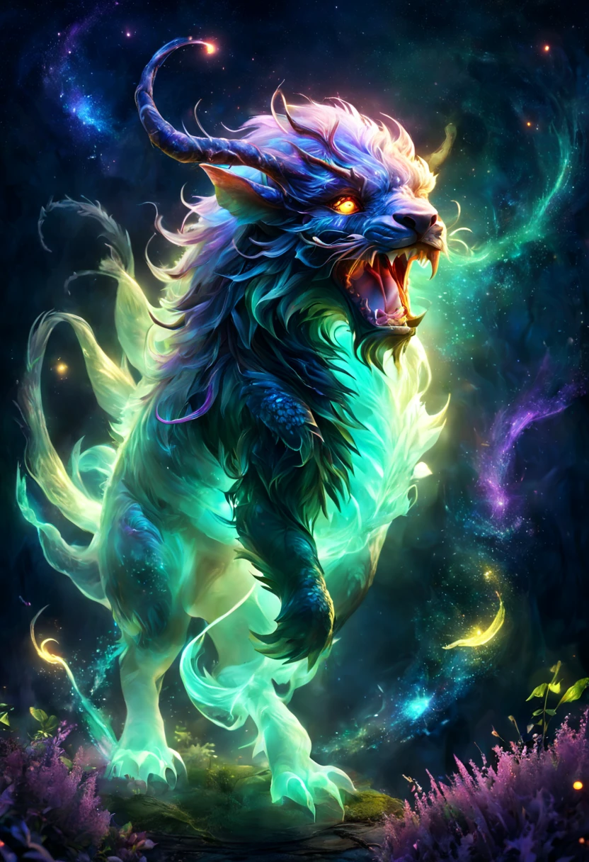 ((a giant glowing magical creature))，(Glowing Chimera)，they will laugh，out of this world，ethereal，uv，translucent，magic动物，Nature，mystery，beauty，The environment is dark，magic，creature design，high resolution，8k，Super detailed，light、Physical rendering、Vibrant color background bokeh、Various shades、soft light lighting、pulsating light