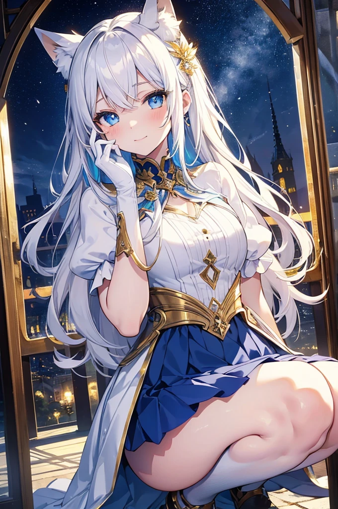 masterpiece, best quality, detailed,8K,1 girl, White fox girl,,(rich and colorful),blue eyes,Jewel color,(Delicate and beautiful eyes and delicate face),white hair,alone,Squatting,Cover your face with your hands,blush,Smile,shy expression,blue and gold skirt,White and gold,looming thighs,sexy,Sky, Antique architecture, moon光, moon, night, high contrast,,The impression of white and gold tones .