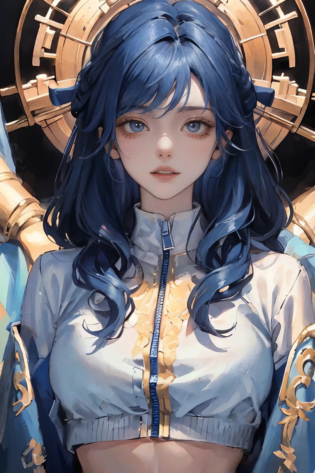 (masterpiece:1.2, best quality), (real picture, intricate details), (1lady, solo, upper body, big tits)
Clothes:crop top with zipper,unzip
Appearance:blue curly hairs with golden,