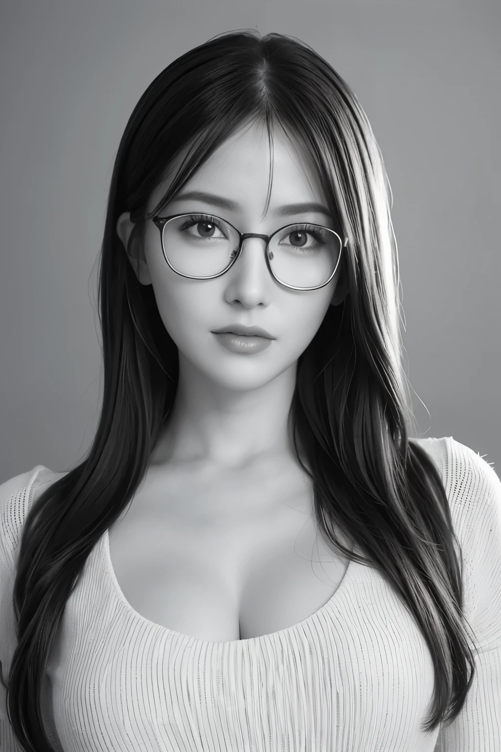 8K, highest quality, masterpiece, realistic, realistic, highest quality, masterpiece, disorganized, ultra high resolution, very beautiful girl, (monochrome), ((Only the lips are pale vermilion)), Very elaborate eyes and face, beautiful eyes, super detailed eyes, facing forward, see the beholder, Upper body, Glasses, straight hair, light fabric sweater, mid chest