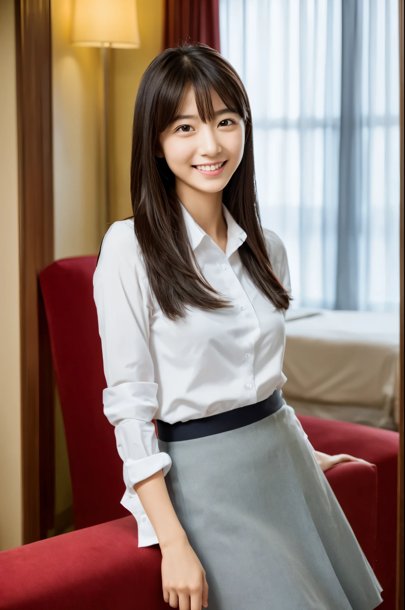 top-quality, ​asterpiece, 8K, Super high resolution, (Photorealsitic:1.4), 1girl in, beautiful countenance, symmetrical eye, Skinny Japanese lady, 30 years old, Small breasts, thin waist, high school student uniform, Look at viewers, (Inside the hotel:1.2), front-facing view, Shoulder, Absolute area(1.3), A smile,