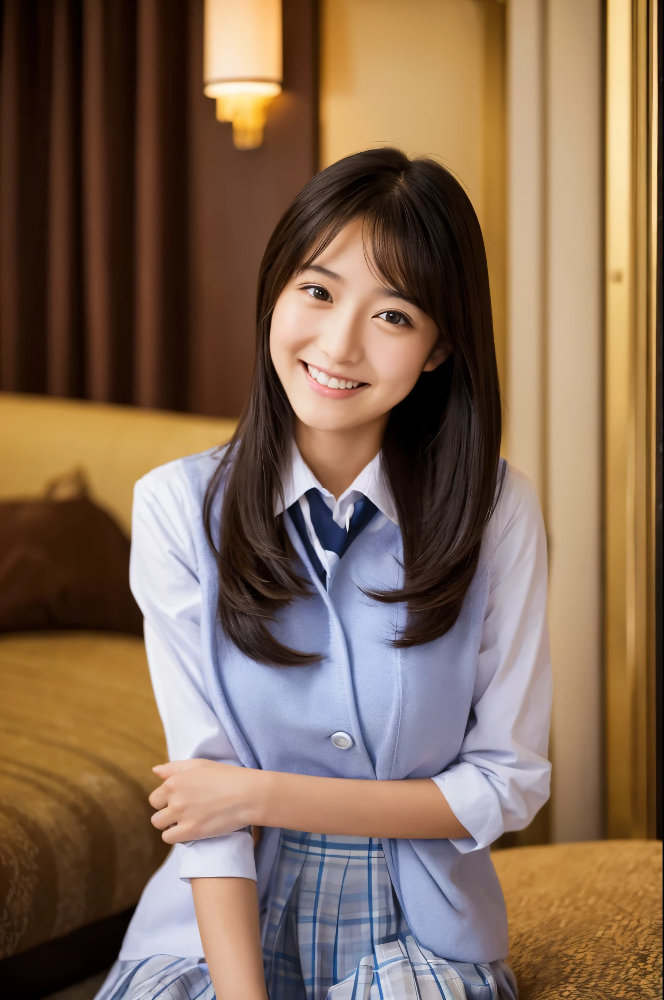 top-quality, ​asterpiece, 8K, Super high resolution, (Photorealsitic:1.4), 1girl in, beautiful countenance, symmetrical eye, Skinny Japanese lady, 30 years old, Small breasts, thin waist, high school student uniform, Look at viewers, (Inside the hotel:1.2), front-facing view, Shoulder, Absolute area(1.3), A smile,